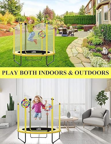 Miniatura 7 de LANGXUN Trampolín de 60 pulgadas para niños mini trampolín de 5 pies para interiores y exteriores con red aro de baloncesto y tabla de dardos