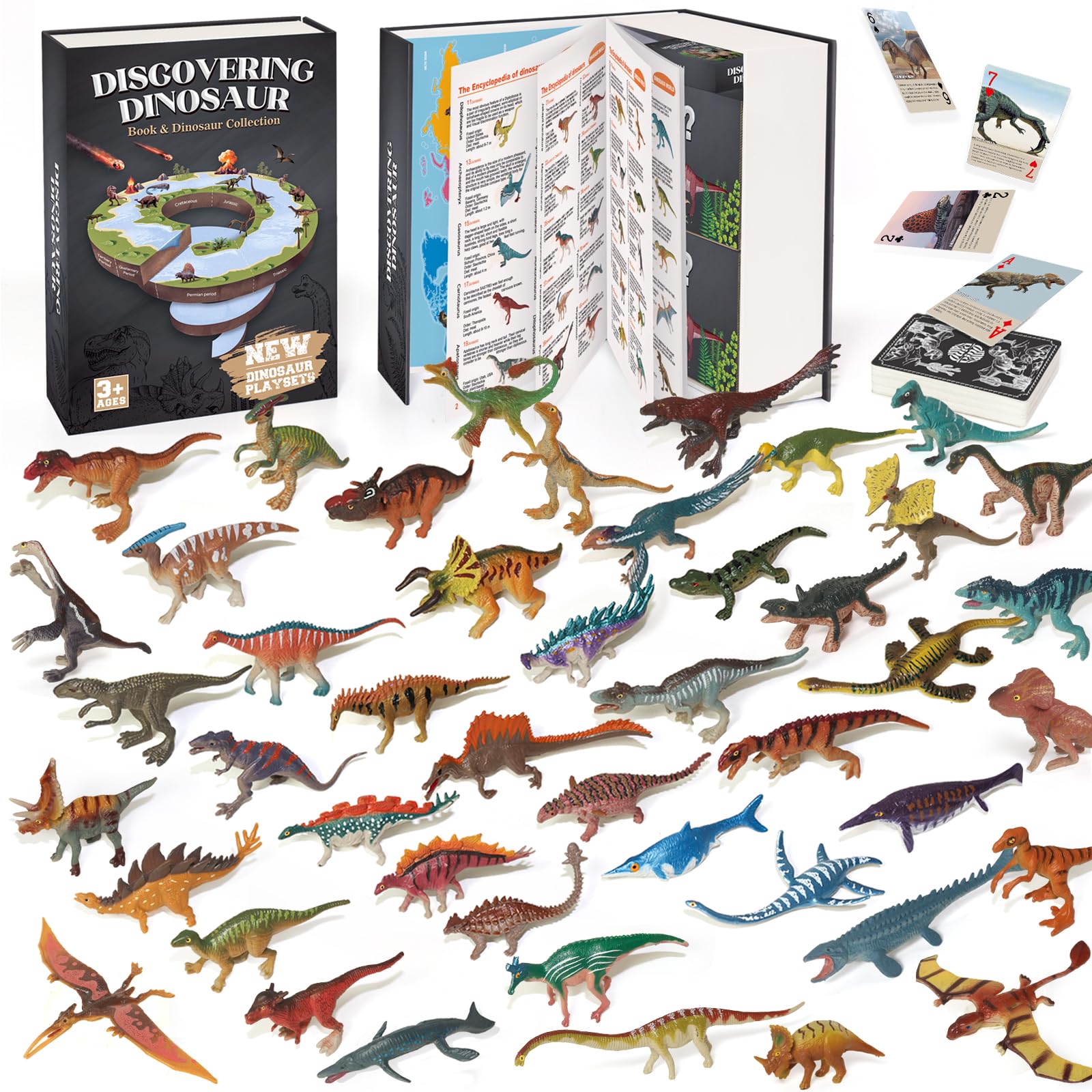 BIWASE Dinosaur Toys Book with 50 PCS Different Dinosaurs Figures & Pokers,Interactive Perfect for Kids Dinosaurs Educational Toys for 3 4 5 6 7 8 12