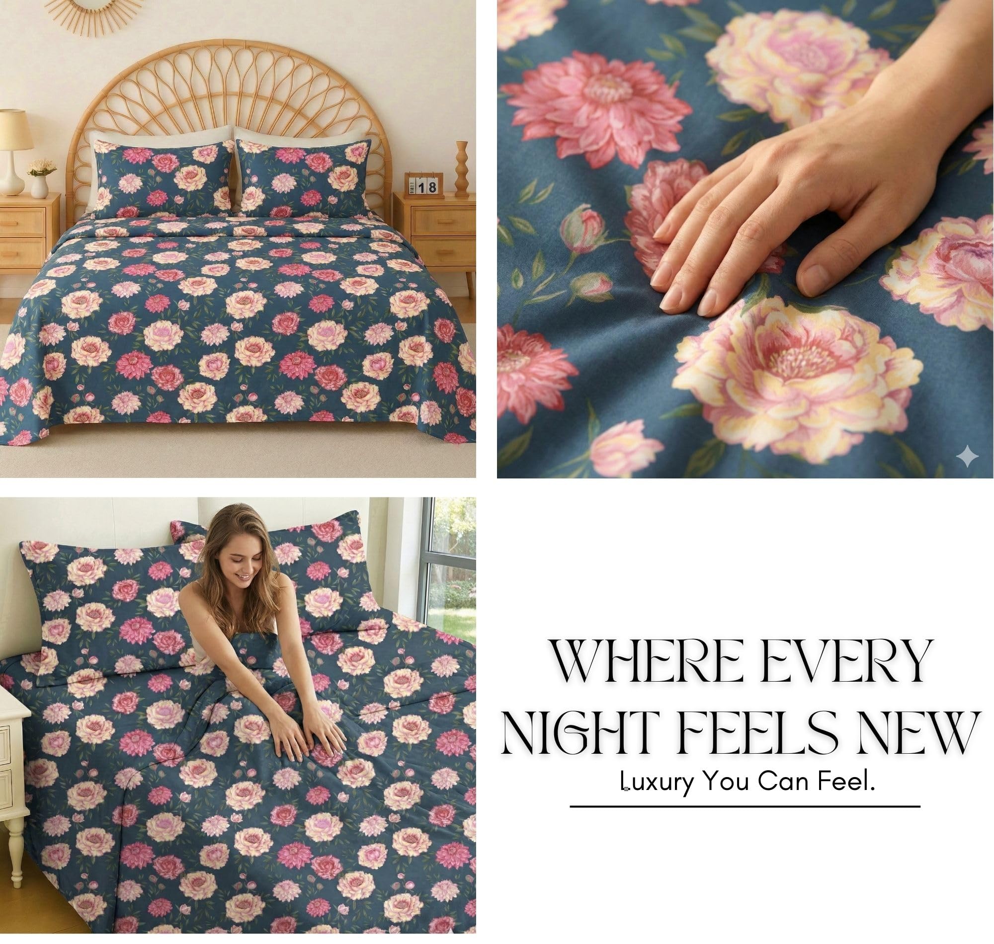 VAS COLLECTIONS Cloud Cotton Double Bedsheet 180 TC | Soft & Breathable Cotton Bedding Set with 2 Pillow Covers | Elegant Floral Printed Bed Sheet for Bedroom & Home | 90 x 90 Inches (Midnight Bloom) 3