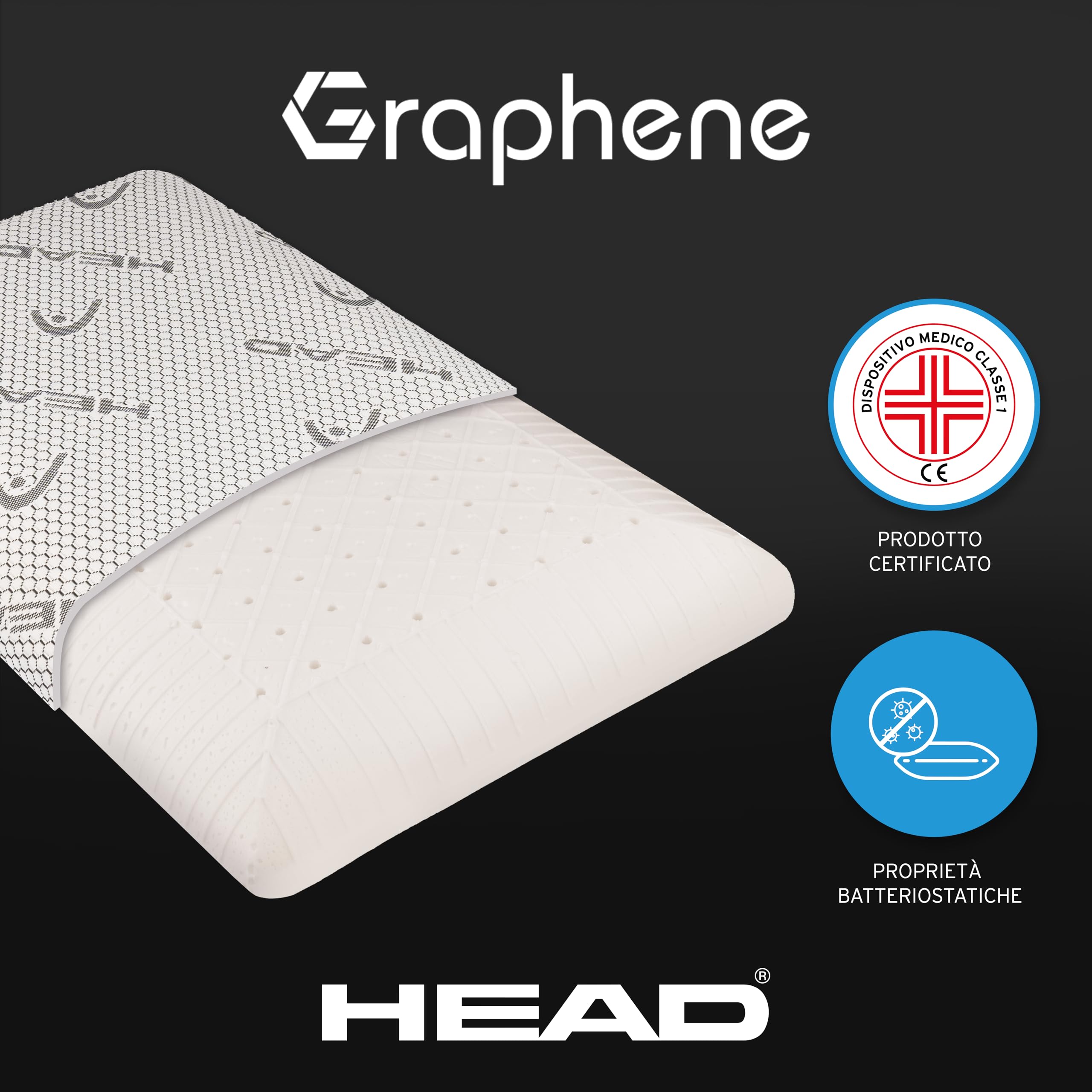 HEAD Active Rest - Cuscino Memory Foam Traforato, Cuscino Cervicale per Dormire Ergonomico in Grafene Antistatico Mantiene Melatonina Alta, Cuscino Letto con Federa Tessuto Lavabile 42x72, Bianco/Grey