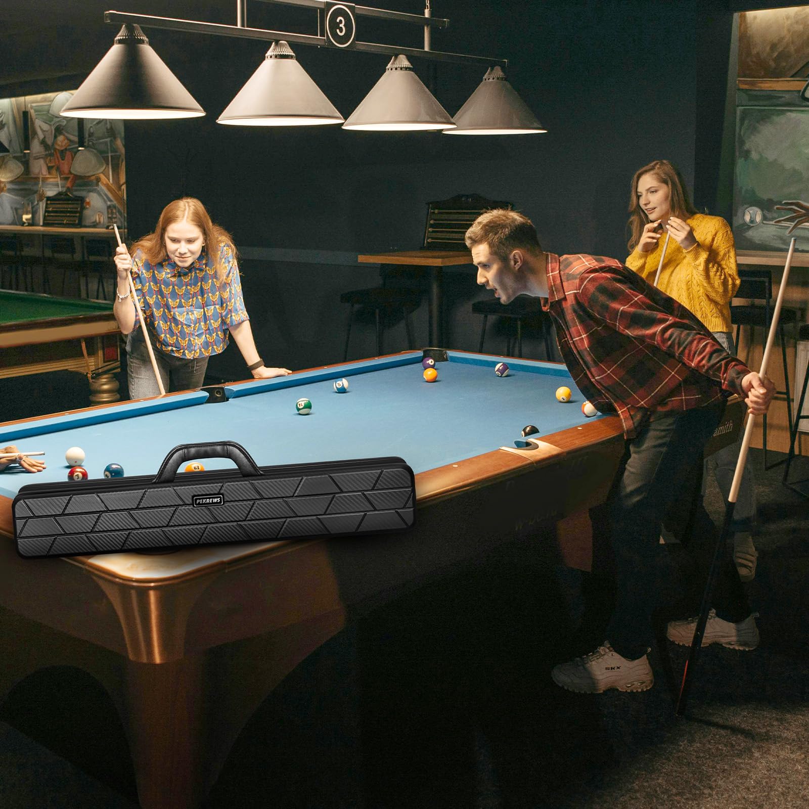 PEKREWS Pool Cue Case, Hard Shell Pool Stick Case 4x4 with 10 Padded Slots, Heavy-Duty Billiard Cue Bag with Soft Leather Handle and Shoulder Strap, Travel Snooker Stick Bag Carrier for Men and Women