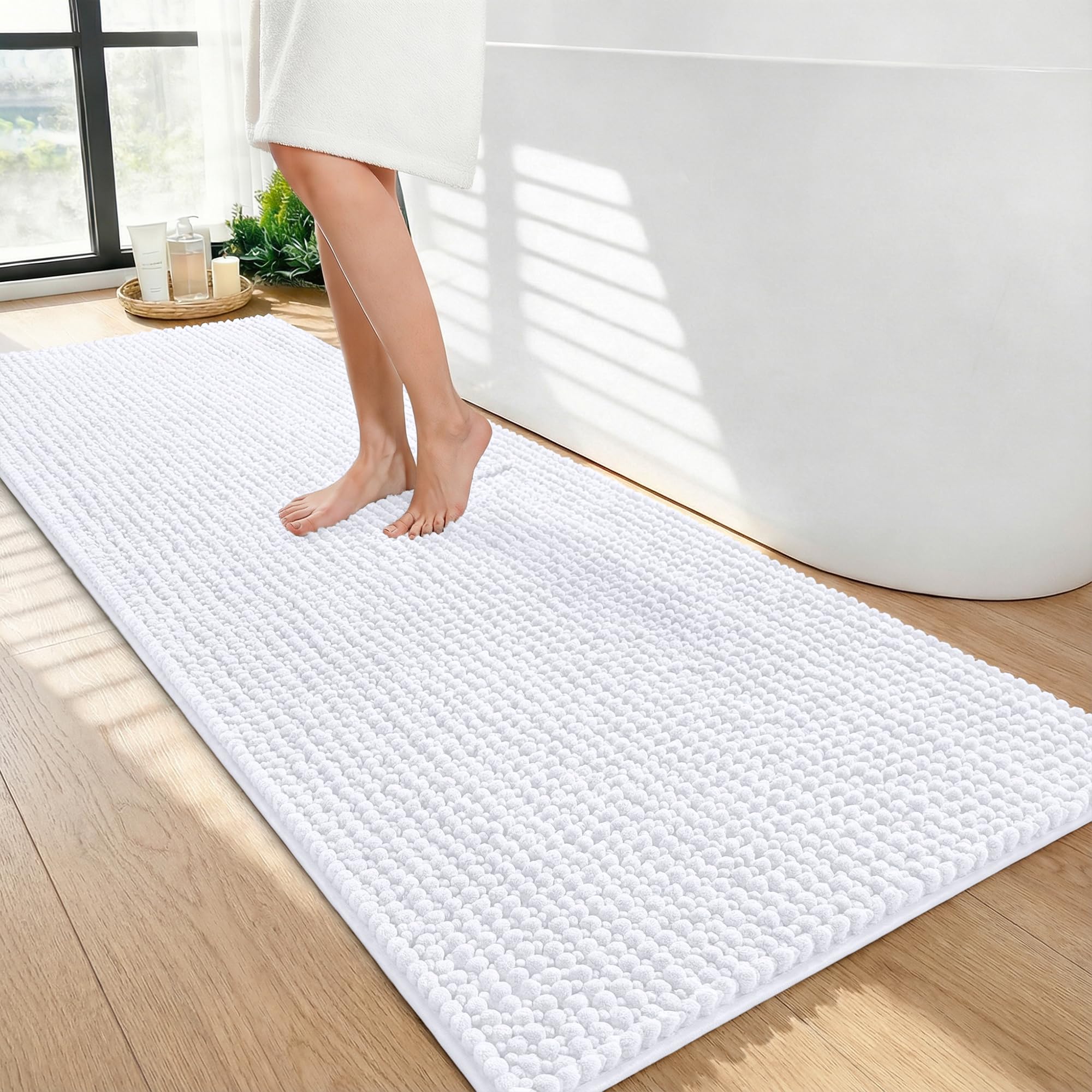 OLANLY Thick Chenille Bathroom Runner Rugs 47x24, Absorbent Bath Mat, White