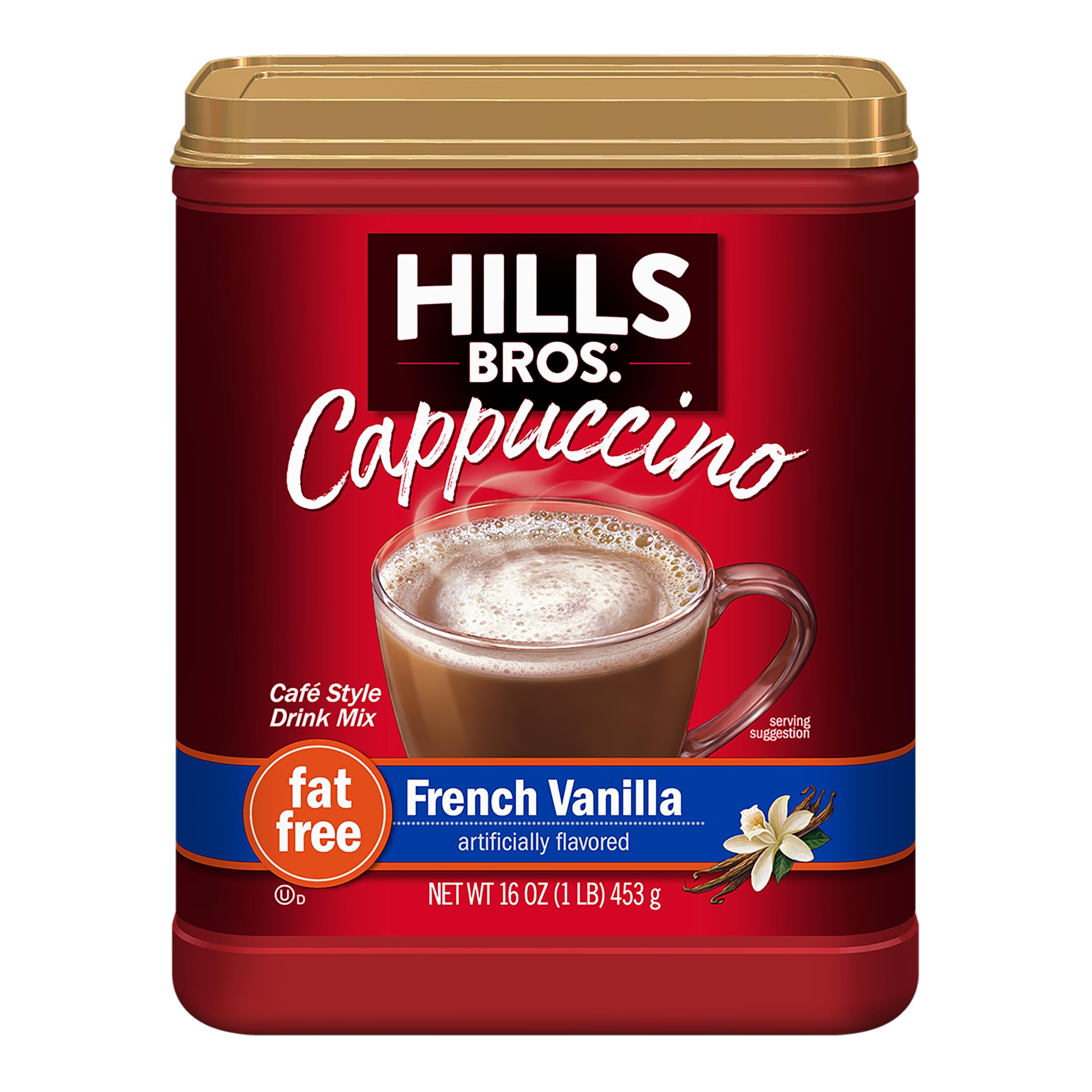 Hills Bros. Cappuccino Mix – Rich, Frothy Coffeehouse-Tasting Instant Drink Mix – Quick and Easy Preparation – Perfect for Hot & Iced Drinks & Creaming Coffee – Fat-Free French Vanilla, 1 Pack of 16oz