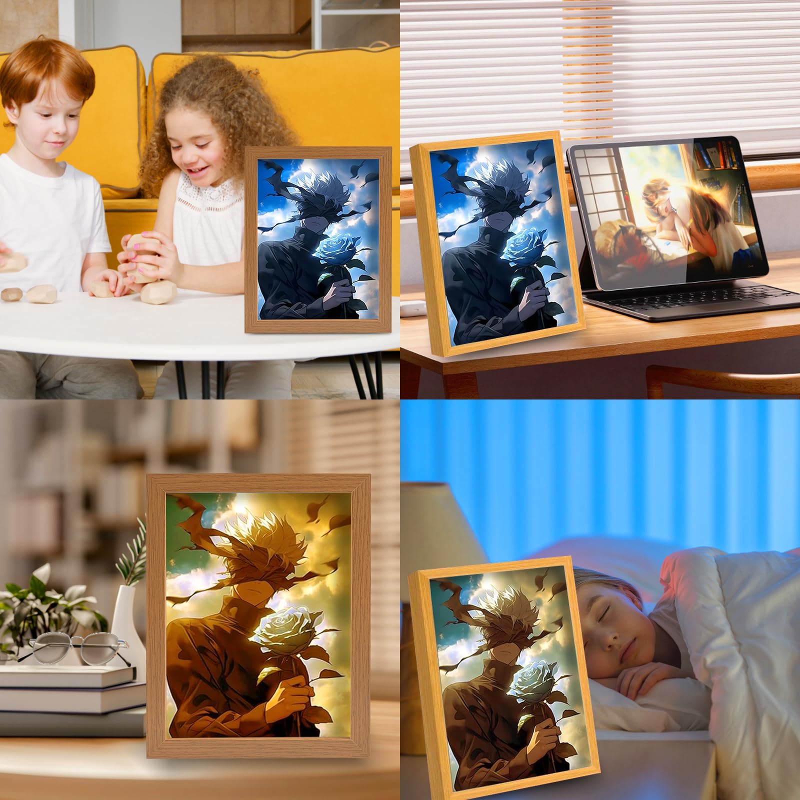 Forhome Jujutsu Kaisen Beleuchtete Gemälde,LED Wandkunst Dekor,Beleuchtete Gemälde,USB-betrieben,LED Glowing Photo Frame,LED Desktop-Rahmen für Heimdekoration (B)