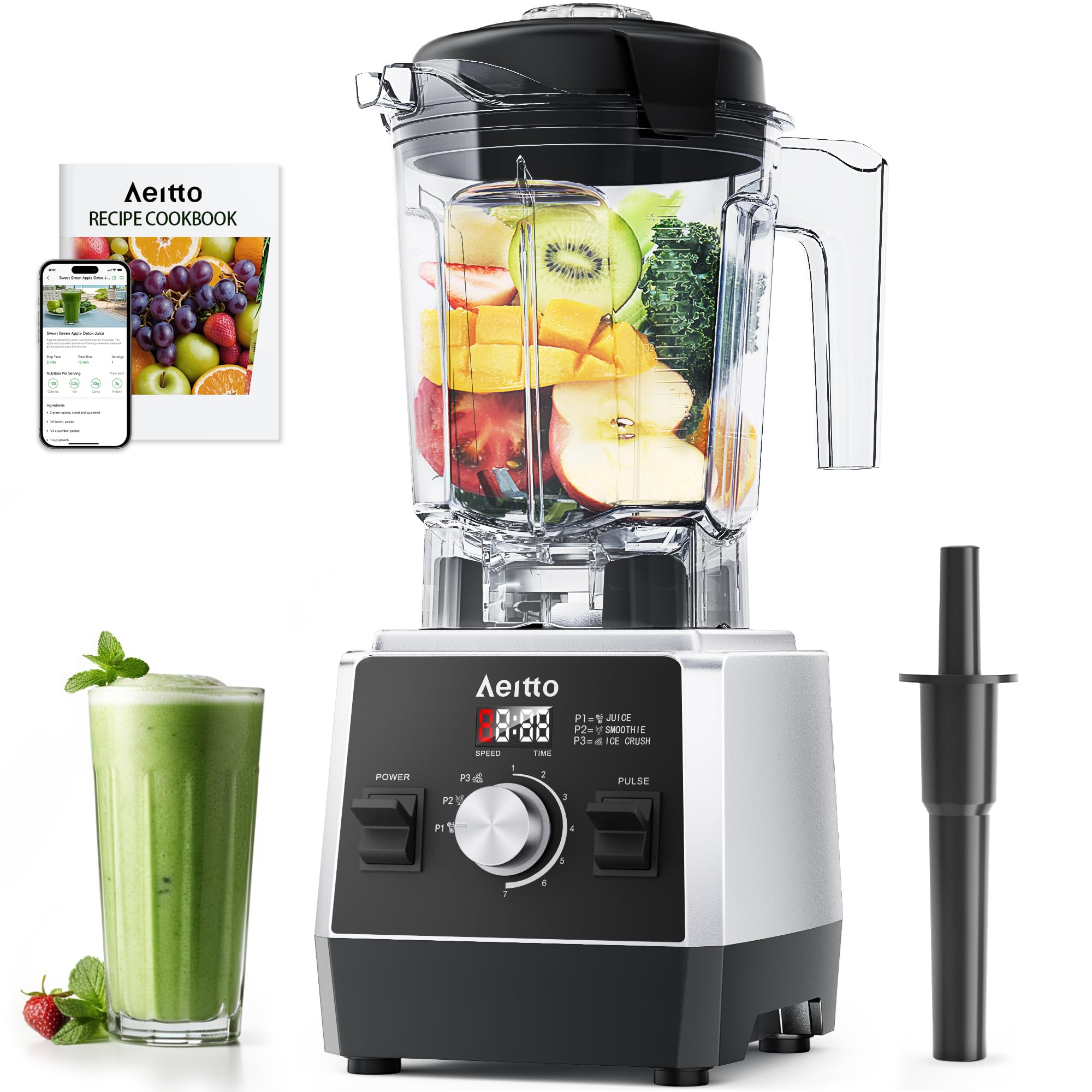 Aeitto Blenders for Kitchen 1800W Professional Countertop Blender, 68Oz Large Capacity Smoothie Blender with 3 Programs & 7 Speeds for Smoothies, Ice Crush, Frozen Drinks, Black