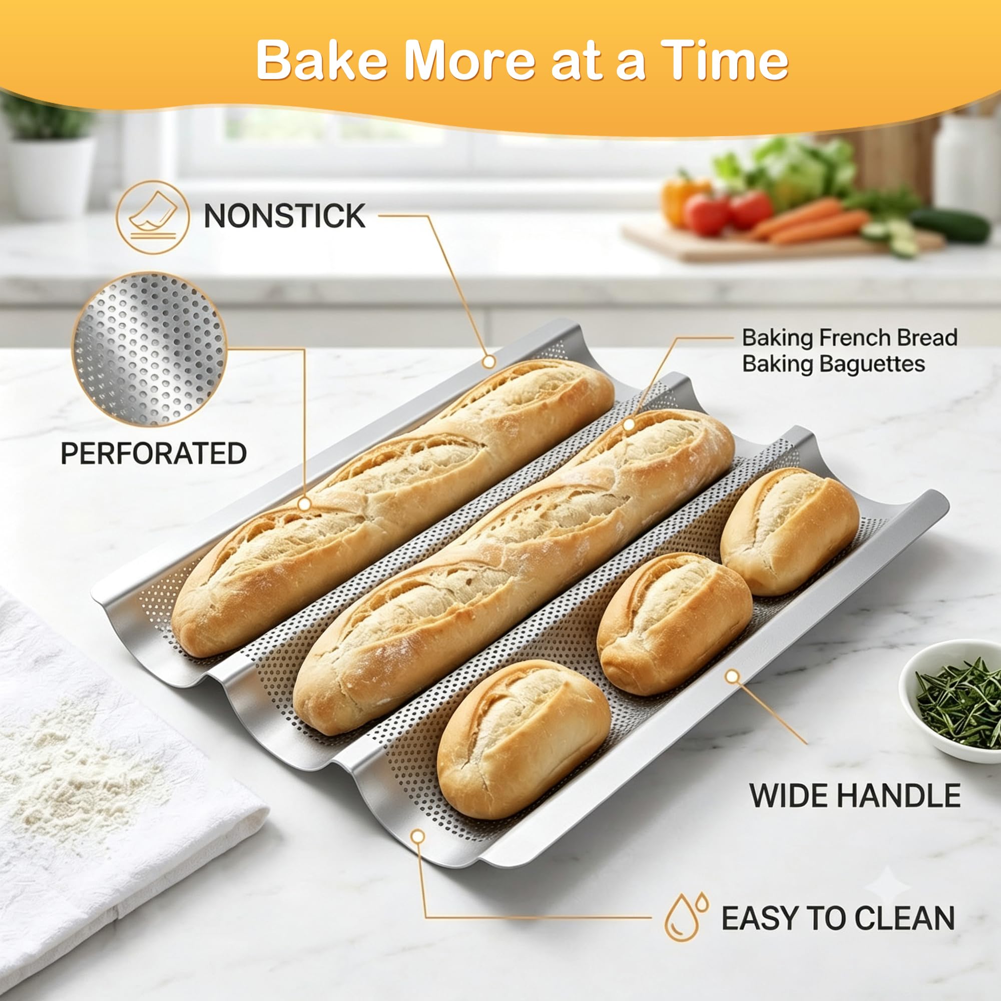Molde para pan baguette, molde perforado, antiadherente para 3 panes francés, con paño de prueba, kit de cortador de masa para panadería casera, bandeja de baguette, bandeja de pan plateado de