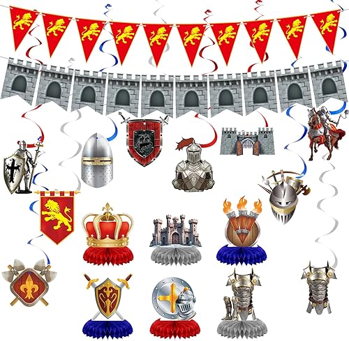 Janlaugh 18 piezas de decoraciones medievales para fiestas, incluye remolinos colgantes, decoración medieval, castillo medieval, banderín, banderín,