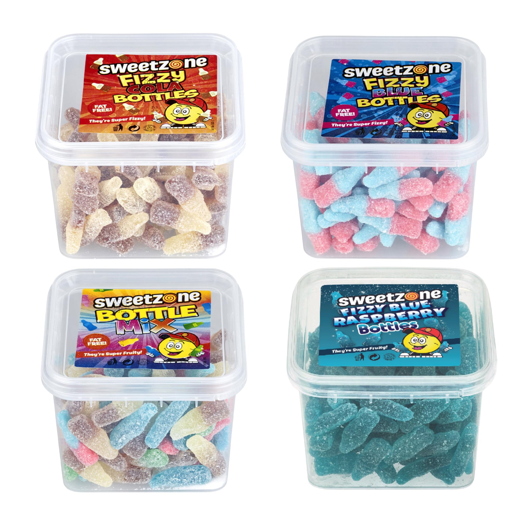 Sweetzone Assorted Mini Gummy Bottles Pack of Fizzy Cola, Fizzy Blue, Bottle Mix and Fizzy Blue Raspberry - 170g Tub Pack of 4 - Enjoy the Irresistible Gummy Sweets and Halal Sweets for All Ages