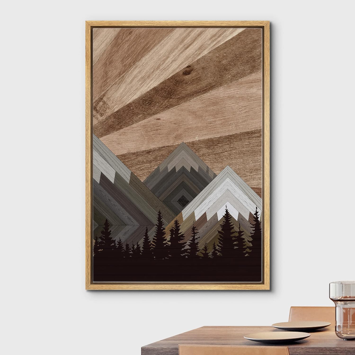 wall26 Framed Canvas Print Wall Art Western Decor Wood Panel Snowy Mountain Forest Nature Shapes Digital Art Modern Art Rustic Scenic for Living Room, Bedroom, Office - 16x24 Natural