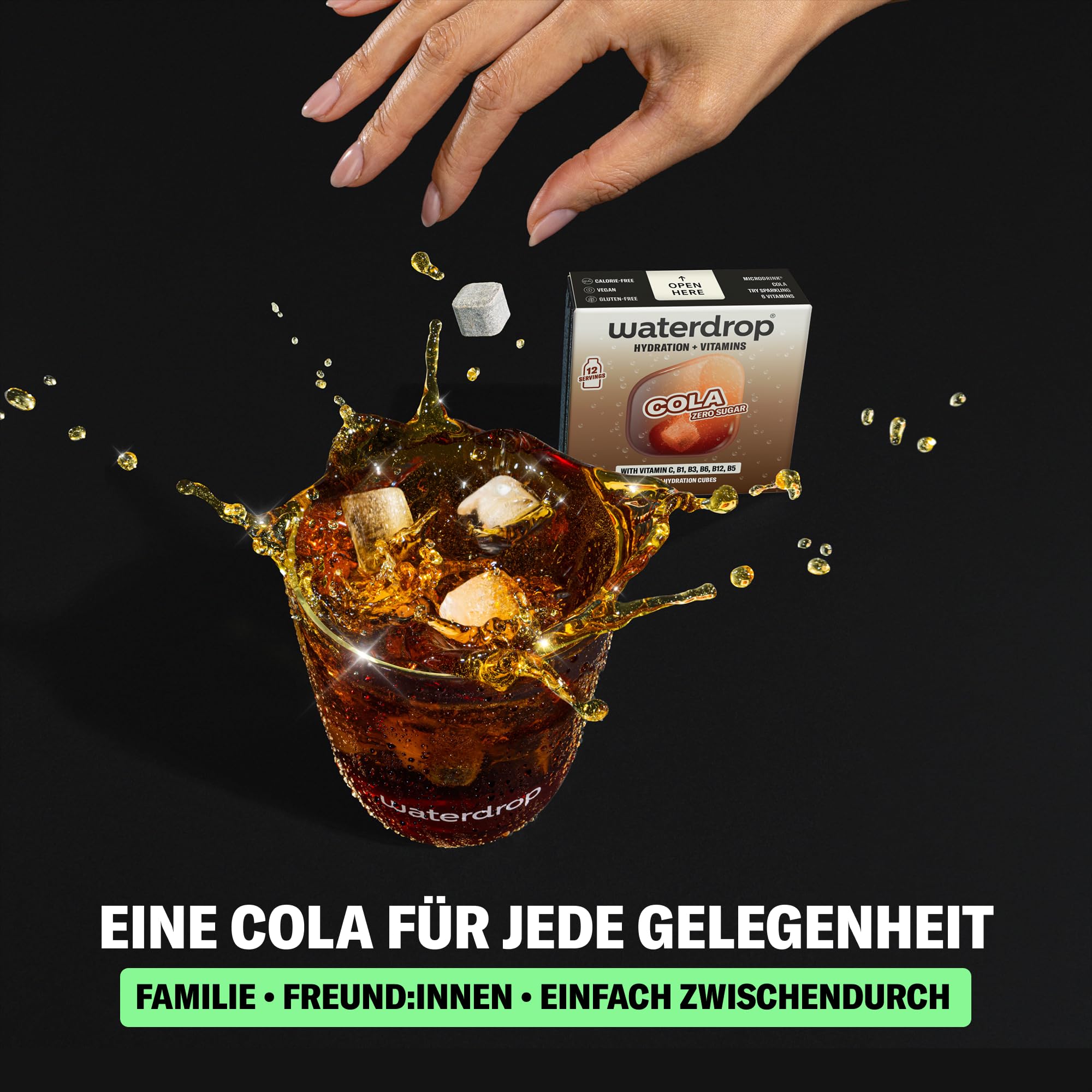 waterdrop® Cola – Wasser mit Cola Geschmack ohne Zucker, 36 Würfel – verbesserte Rezeptur - zuckerfreies Getränkepulver für Wasser mit Vitaminen – Zero Cola Alternative, vegan, gluten- & kalorienfrei