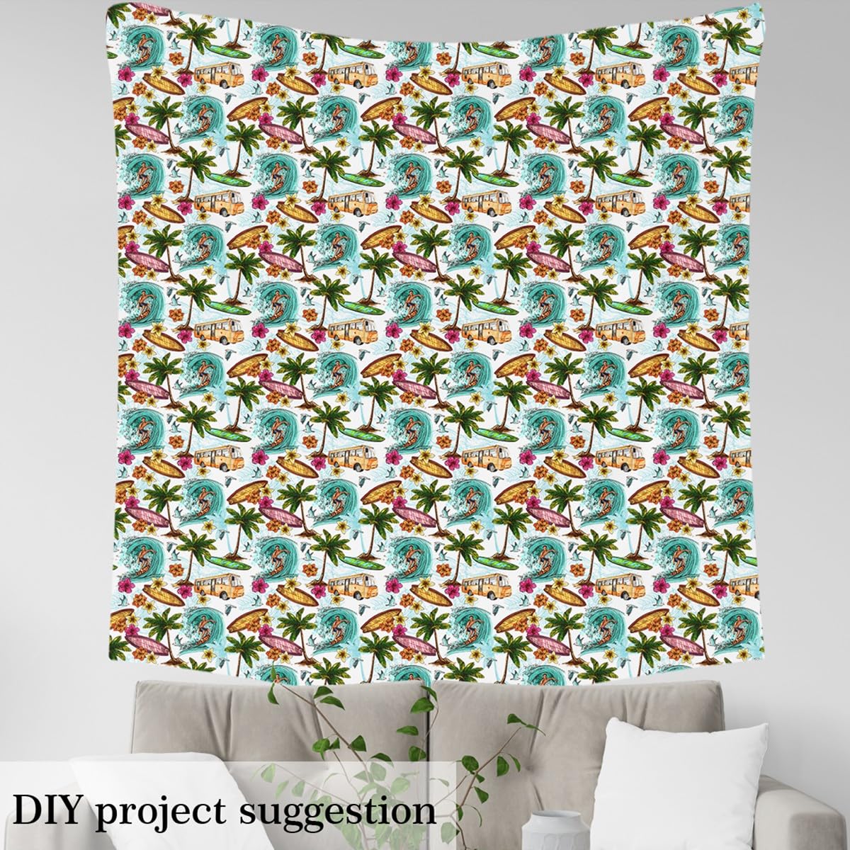 Ocean Surfing Upholstery Fabric by The Yard,Hawaiian Palm Tree Outdoor Fabric by The Yard,Surfer Sea Summer Holiday Decor Fabric for Upholstery and Home DIY Projects,3 Yards,(L276*W150cm) White Teal - Image 3