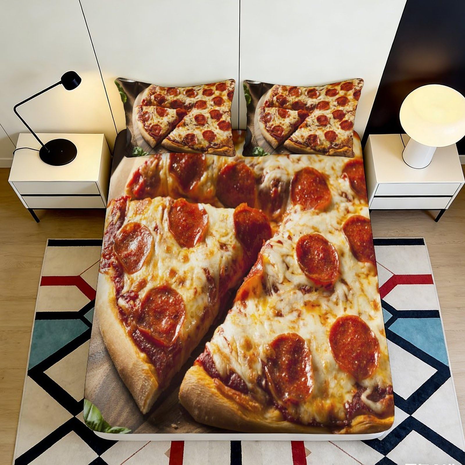 3D Printed Pepperoni Pizza Fitted Sheet Microfiber Soft Non-slip Deep Pocket Pizza Slice Mattress Cover Bedroom Decor 90x200x25cm