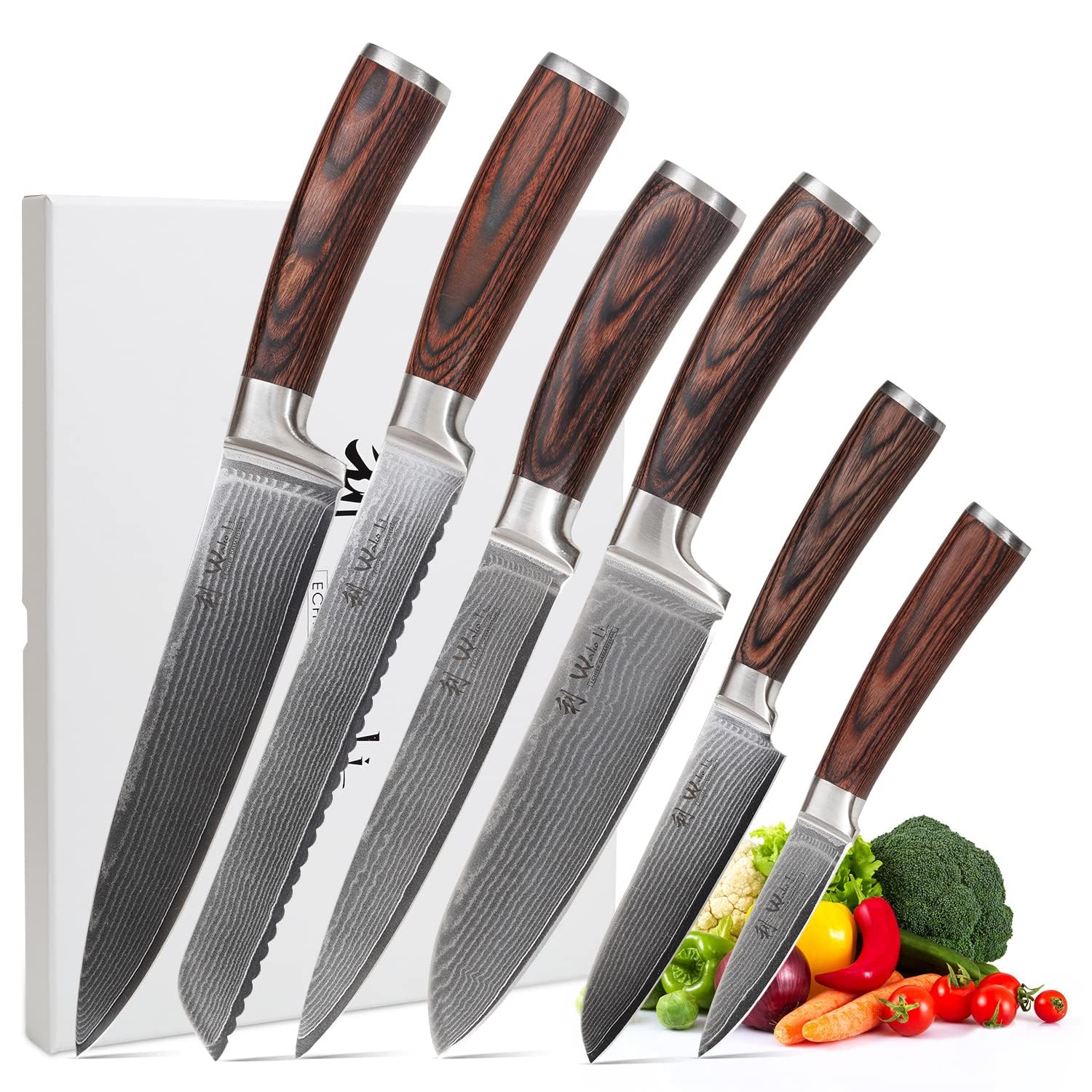EDIB 6-Piece Damascus Knife Set – Professional Chef Knives Set with VG10 Core Blades, 67-Layer Damascus Steel and Ergonomic Pakkawood Handles – Premium Kitchen Knives in Elegant Gift Box