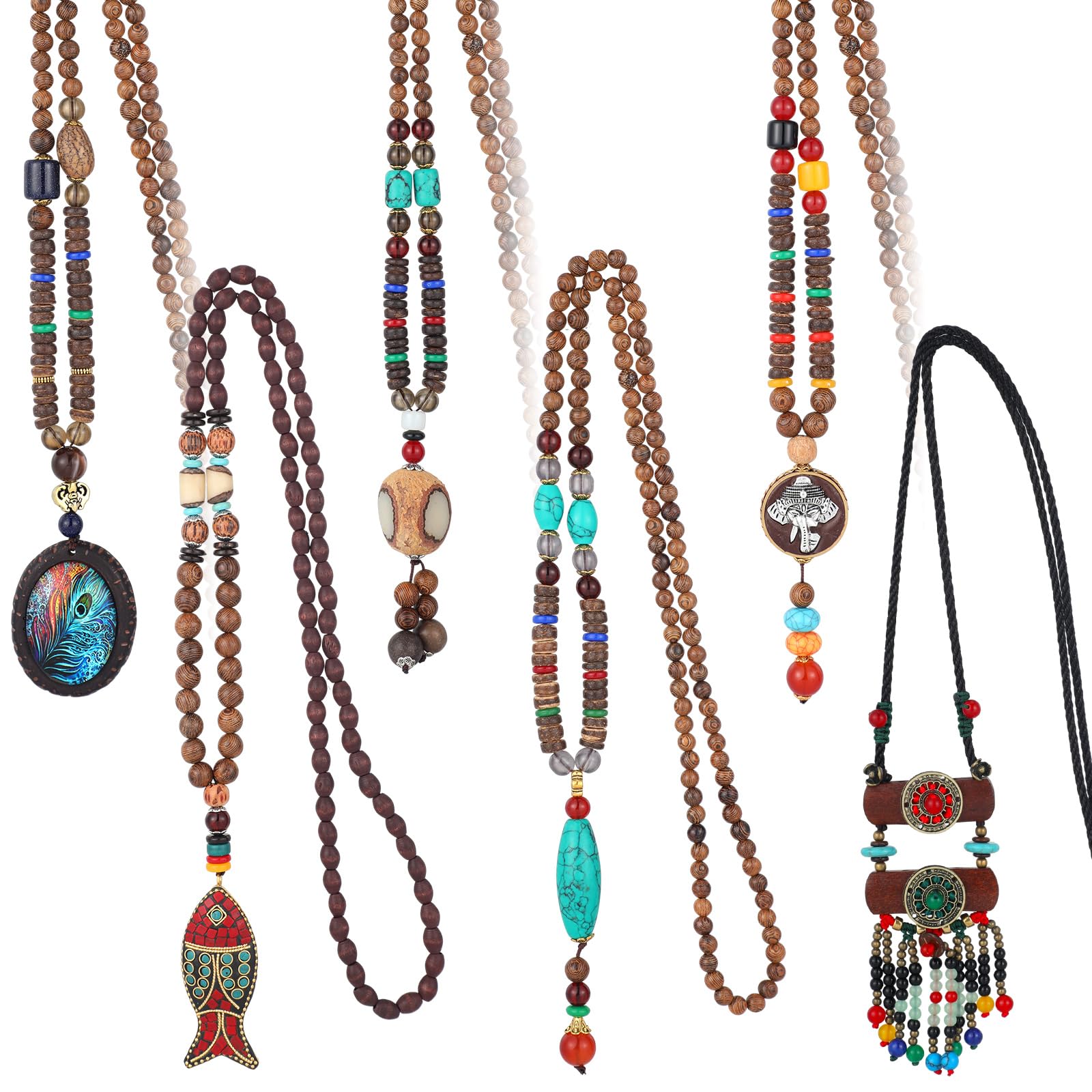 HuquaryHuquary 6 Pcs Boho Long Necklaces for Women Vintage Wooden Necklace Handmade Retro Nepal Boho Jewelry Gifts