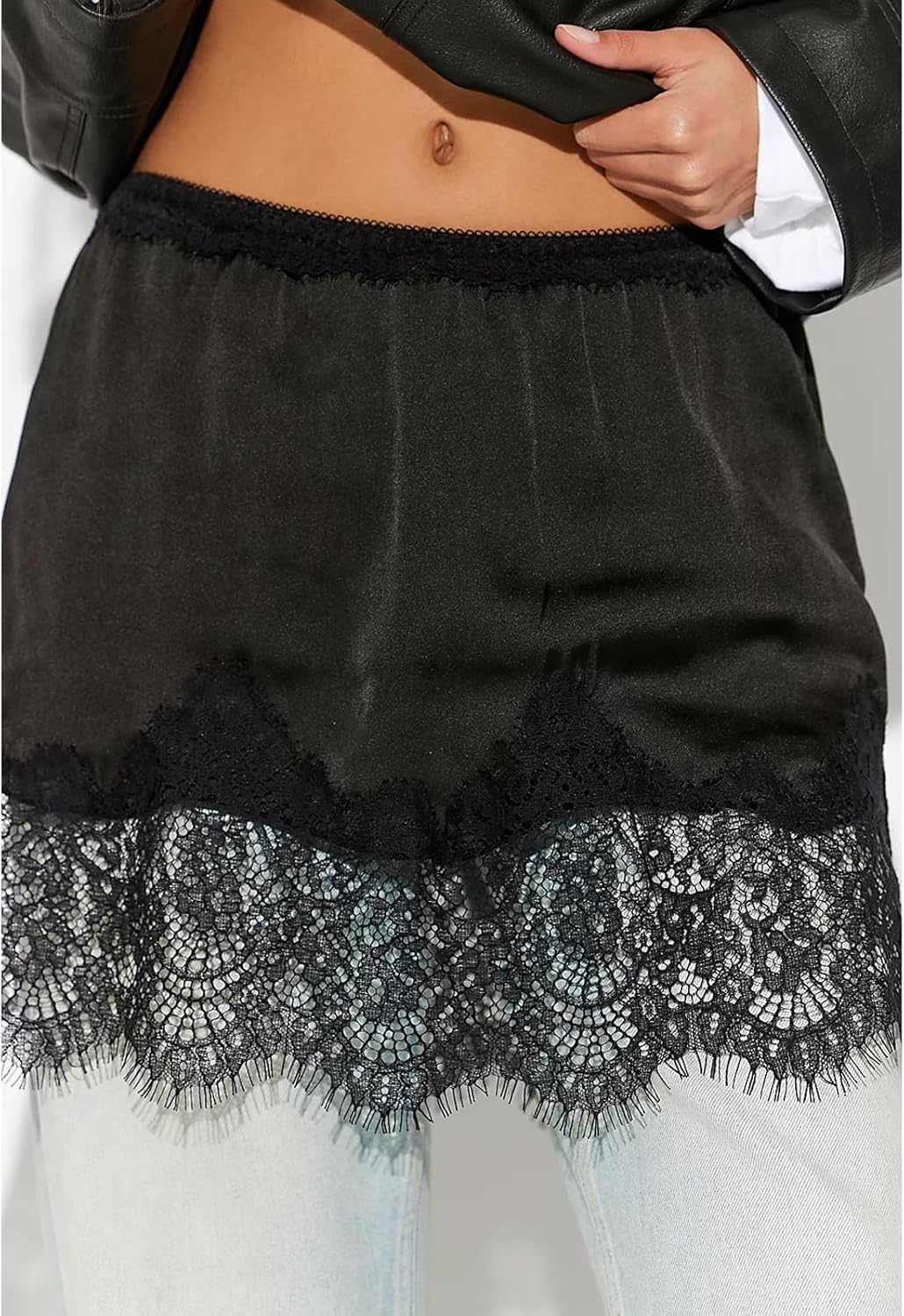 KOSUSANILL Women Satin Silk Mini Skirt with Lace Trim Low Rise A Line Lace Half Silp Skirt for Layering Y2K Flowy Underskirts - Image 4