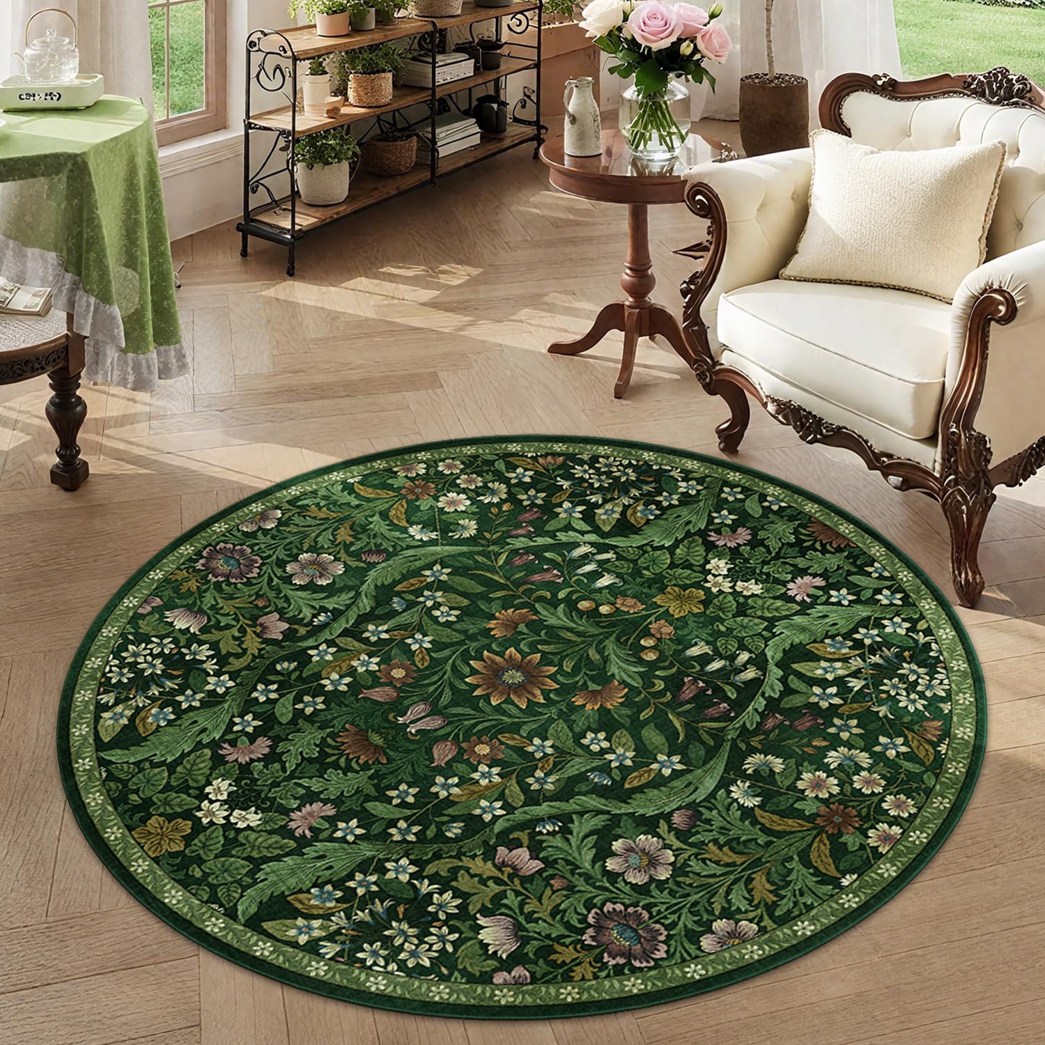 NakedCloud Round Rug 4ft Dark Green Washable Floral Circle Rug,Vintage Boho Botanical Round Area Rugs, Non-Slip Soft Low-Pile Circular Carpet for Bedroom,Kids Room,College Dorm,Home Decor — image 1