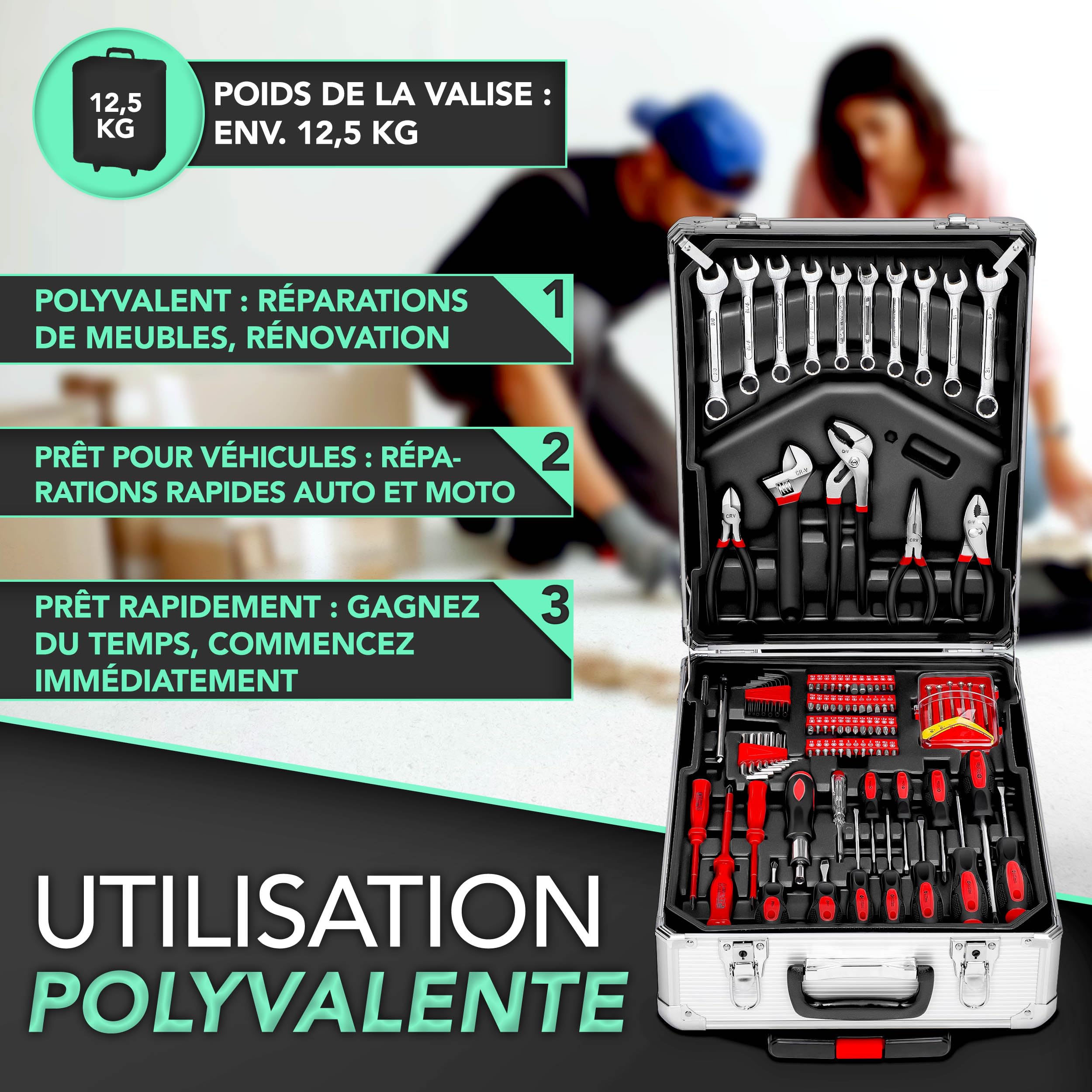 TRESKO® Mallette à outils 949 pièces | Boîte à outils | Chariot à