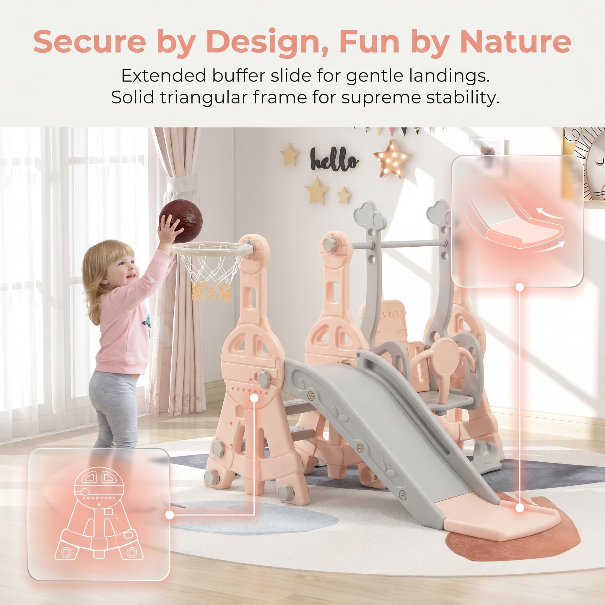 Toboggan Enfant 4 en 1,Toboggan Enfant avec Balançoire,Glissière de Jardin pour L'intérieur et L'extérieur,avec Échelle, Balançoire et Cadre de Basket - Ball, Rose