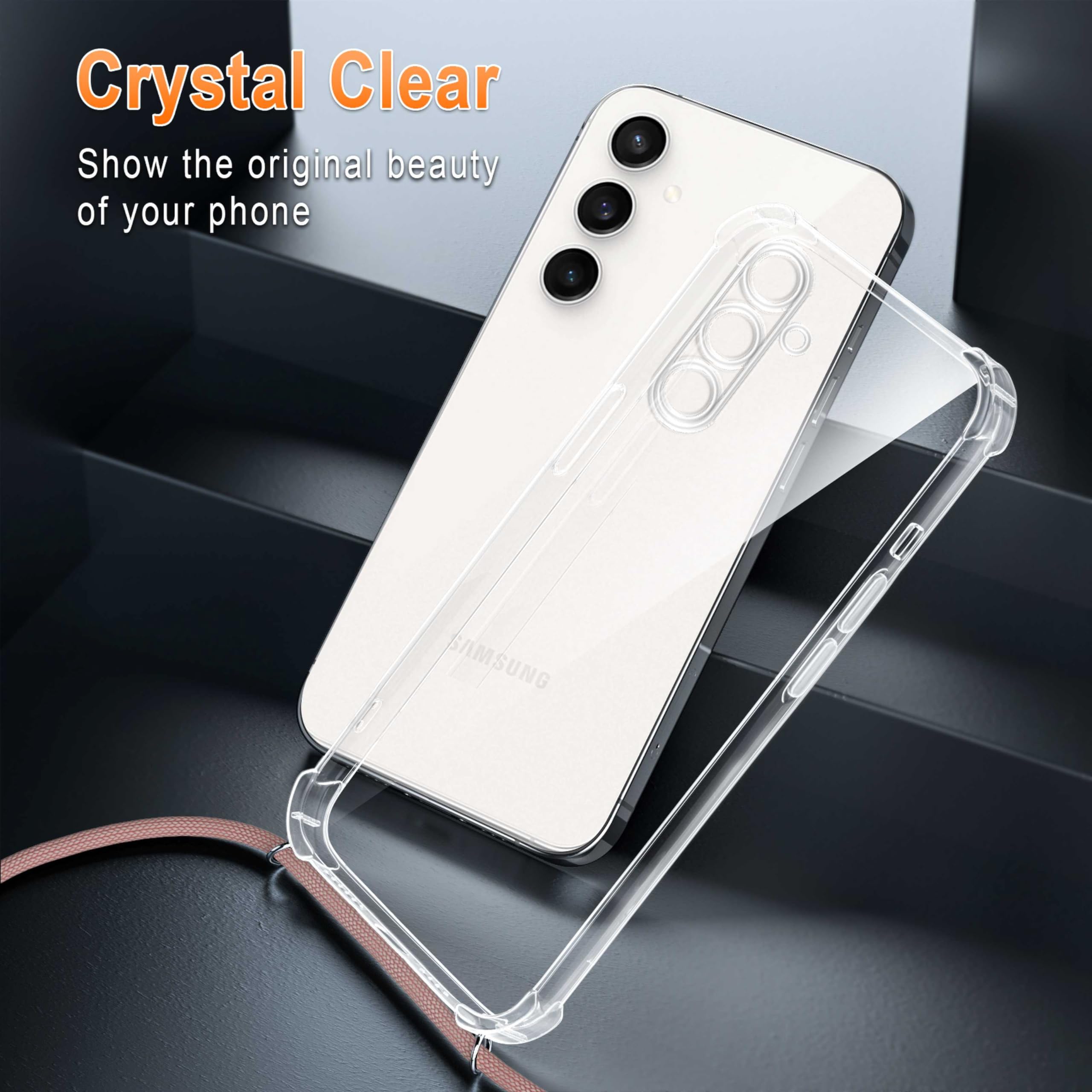 XTCASE Etui ze smyczką na telefon komórkowy Samsung Galaxy A35 5G z paskiem, przezroczyste, silikonowe etui na telefon komórkowy do Samsung Galaxy A35 5G, z łańcuszkiem, odporne na uderzenia etui