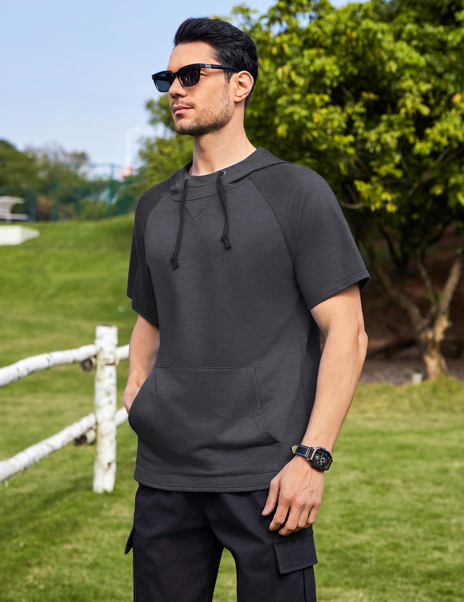 COOFANDY Felpa Uomo con Cappuccio Manica Corta Hoodie Oversize Leggero per Palestra e Tempo Libero T-Shirt Sportiva con Tasca a Marsupio