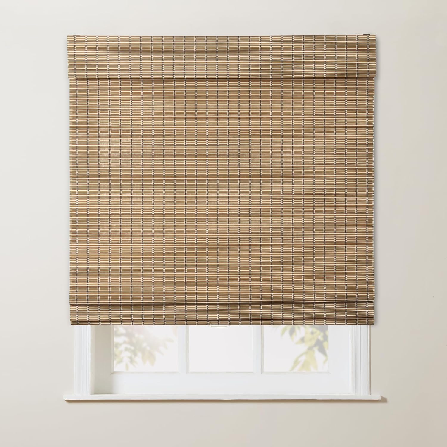 TWOPAGES Custom Roman Shade Cordless, Natural Woven Bamboo Blind with Valance for Indoor Windows, Dark Khaki, 1 Shade