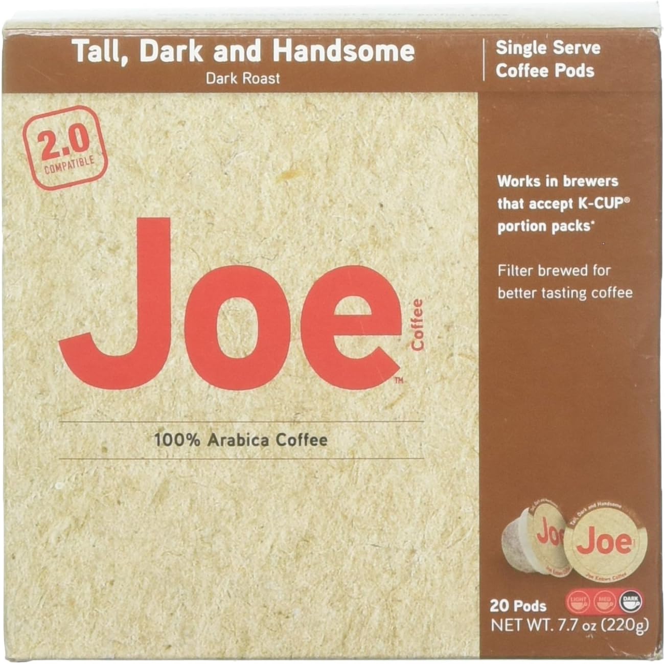 Joe Knows Coffee, Tall Dark and Handsome, Single Serve Coffee Pods, Rich, Bold Roast, 20 Count, Compatible with Keurig 2.0 Brewers