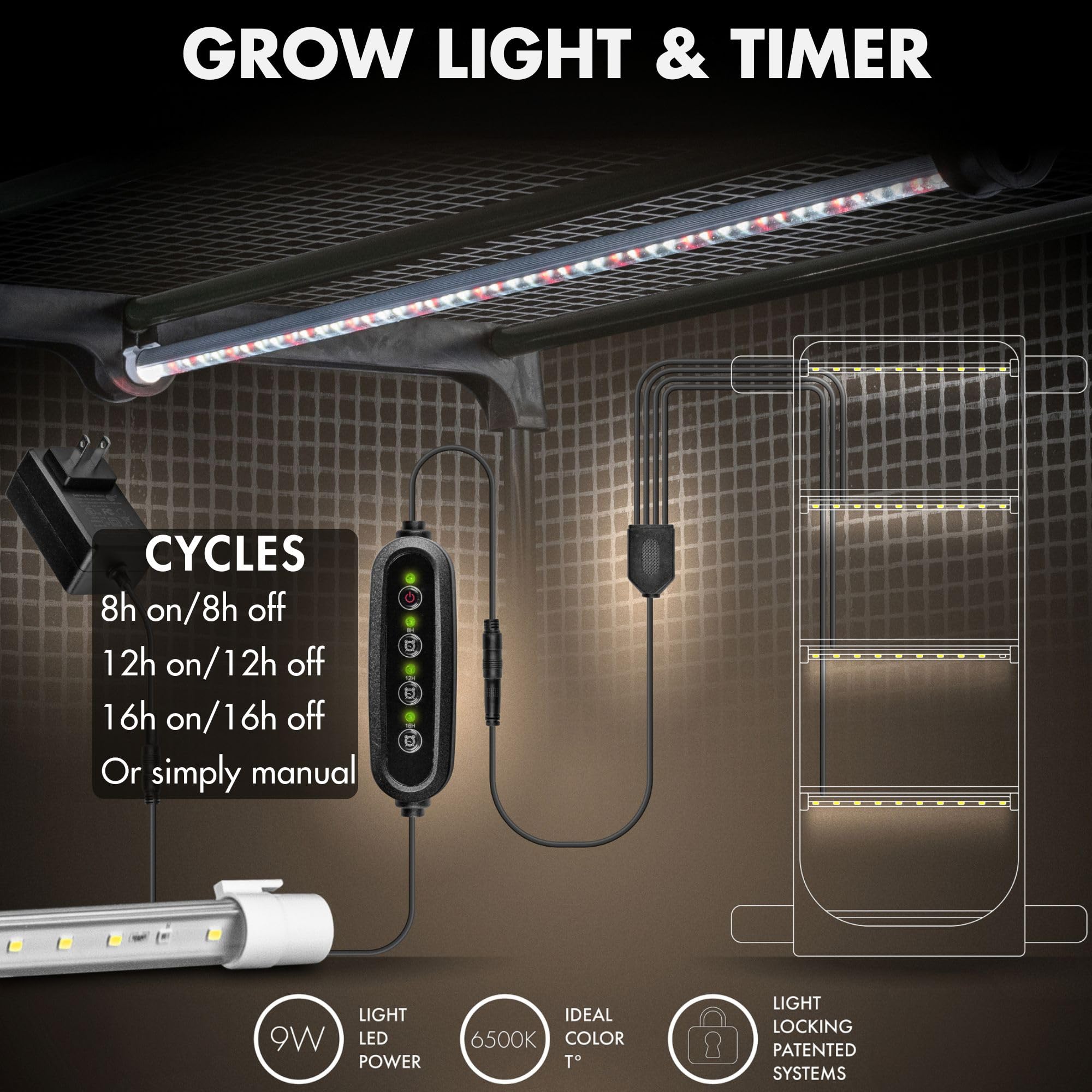 Tente de culture pour champignon avec lumière et minuterie, lampe de croissance à DEL 6500 K, aérations de 10,2 cm compatibles avec les accessoires, serre intérieure avec lampe de culture, tente