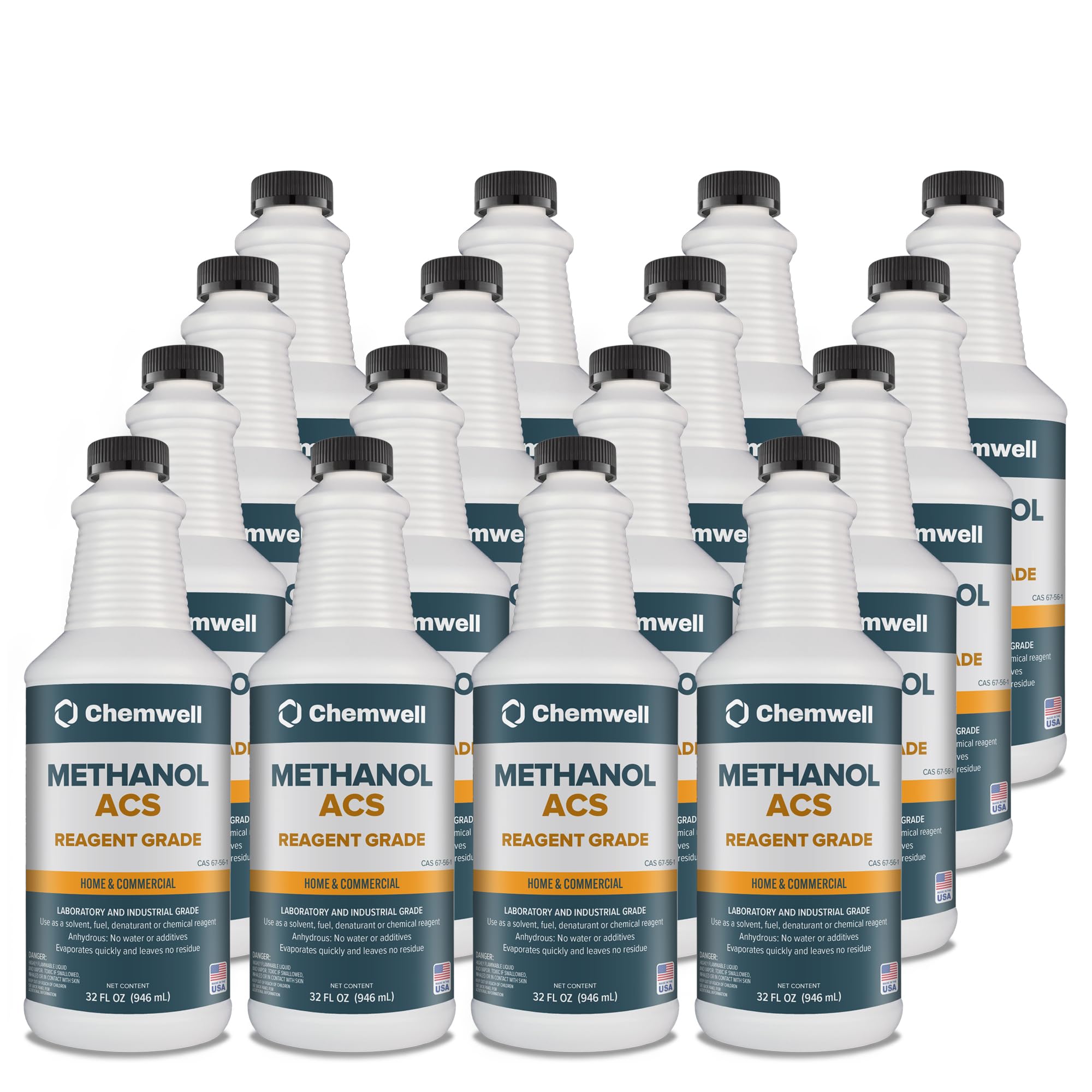 Chemwell Methanol ACS Reagent Grade - 4 Gallons (32 fl oz, 16 Pack) - with Premium Spray Head - for Multipurpose Household or Commercial Surface Cleaning