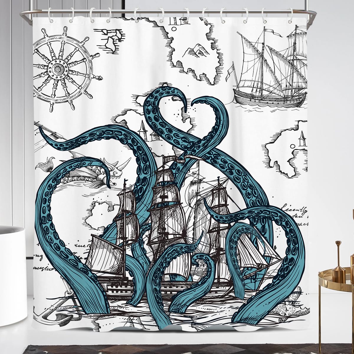 Coxila Nautical Octopus Shower Curtain Extra Long XL Large Funny Fun Cool Kraken Coastal Pirate Ship World Map Mens Anime Vintage Ocean Adventure