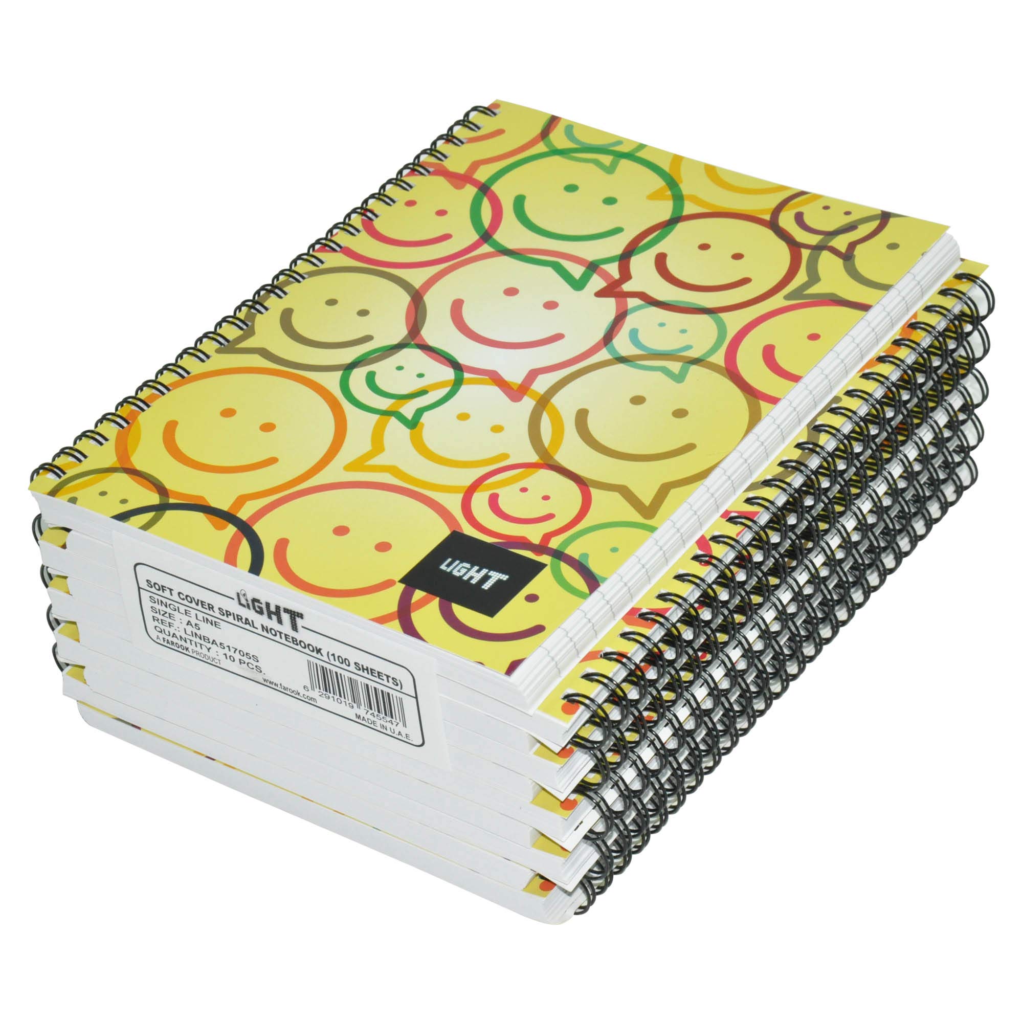 Light Spiral Soft Cover Notebook, A5 Size(14.8x21cm), Single Line Ruling, 100 Sheet, Pack of 10 Pieces - LINBA51705S