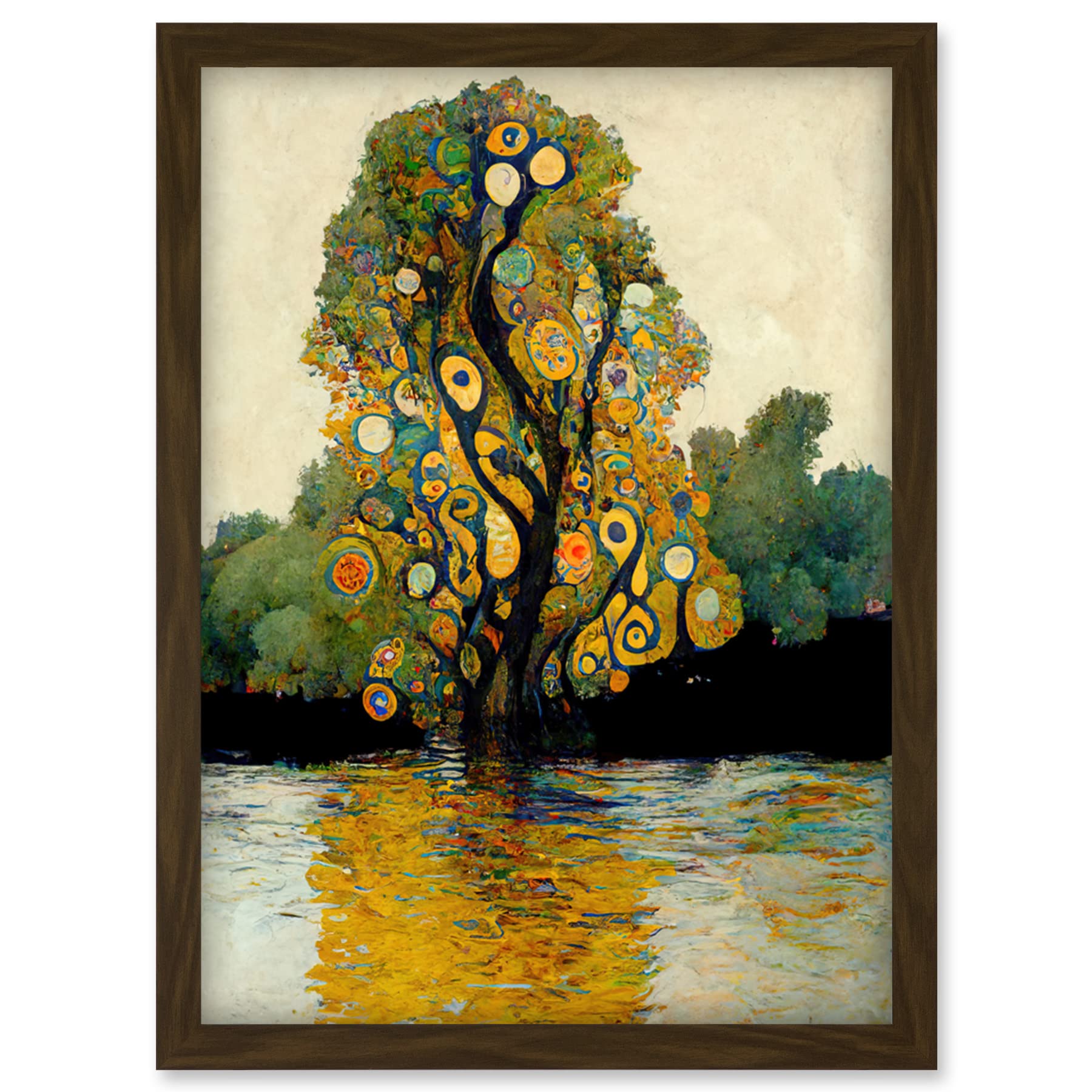 Artery8 Klimt Style Tree River Bank Scene Artwork Framed Wall Art Print - A4 Size