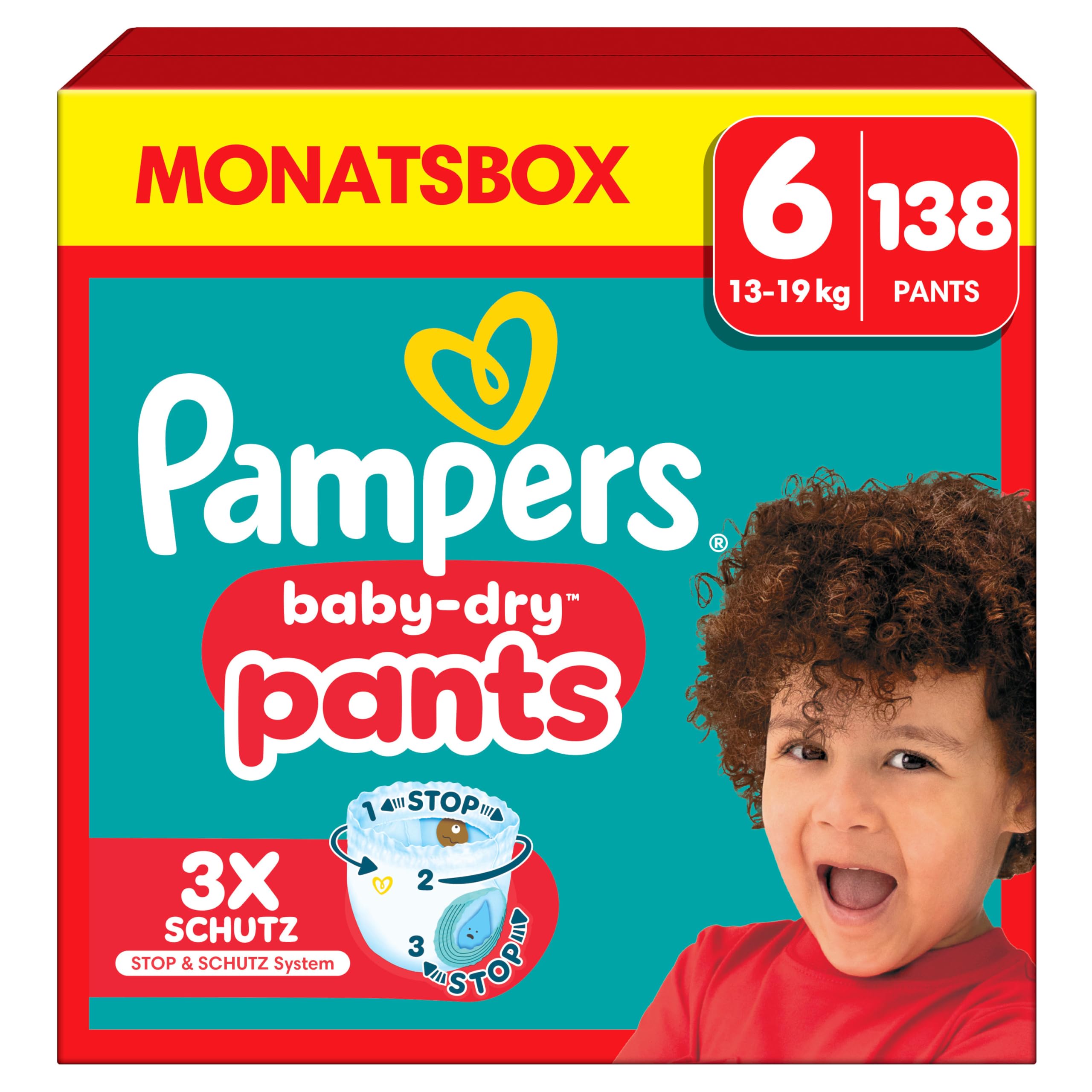 Pampers Baby-Dry Pants, Size 6, 138 Nappies, 14-19 kg, 360° Hold Against Leaks with a Stop & Protect Pocket for Up to 100% Leak-Free Night, Pack of 1 Month