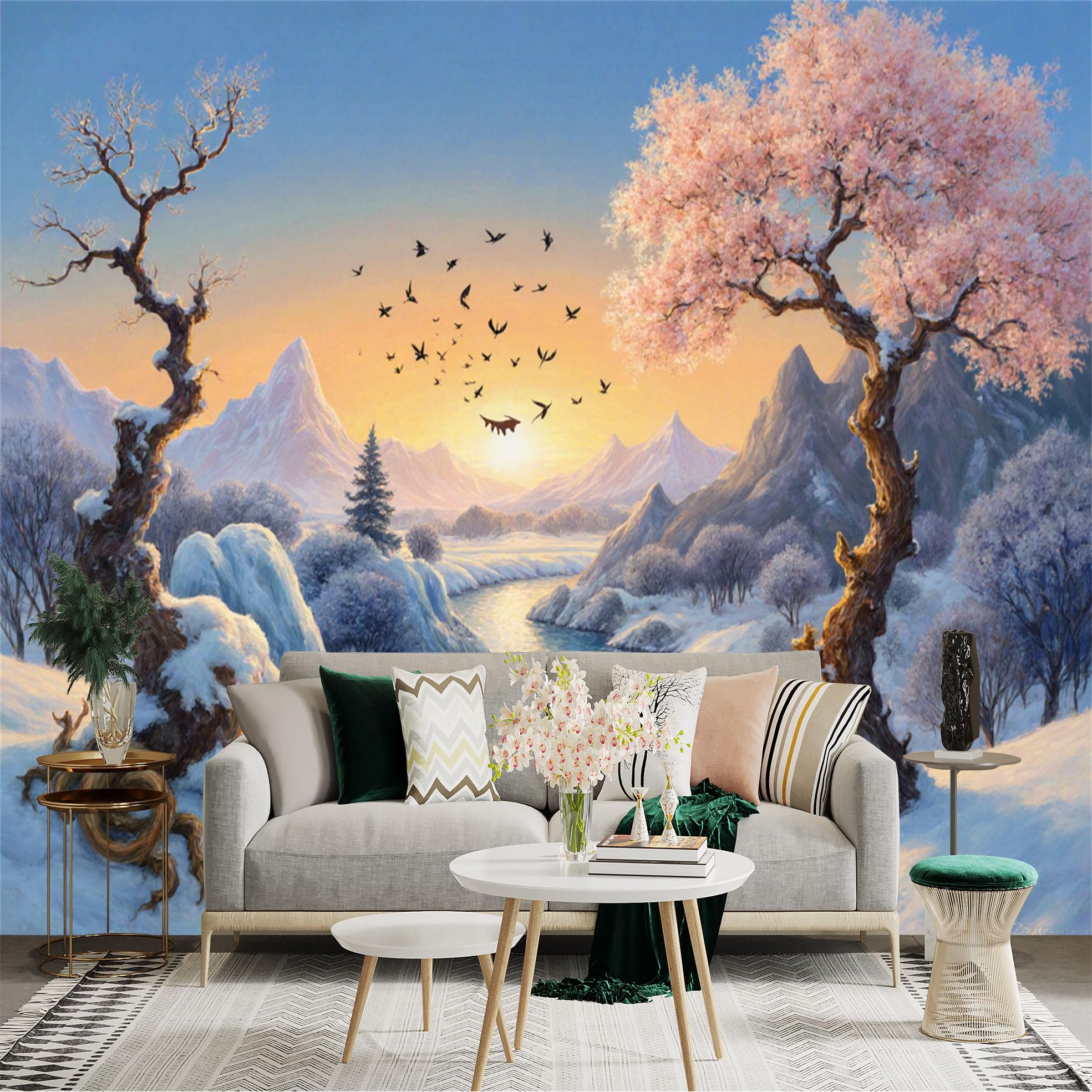 Lnzczhyre Xc260505910 Custom Size Wall Sticker Mural， Snowy Landscape， Blooming Cherry Tree， Frozen River At Sunset， Birds Flying， For Wall Decoration， Peelandstick Wall Decals.