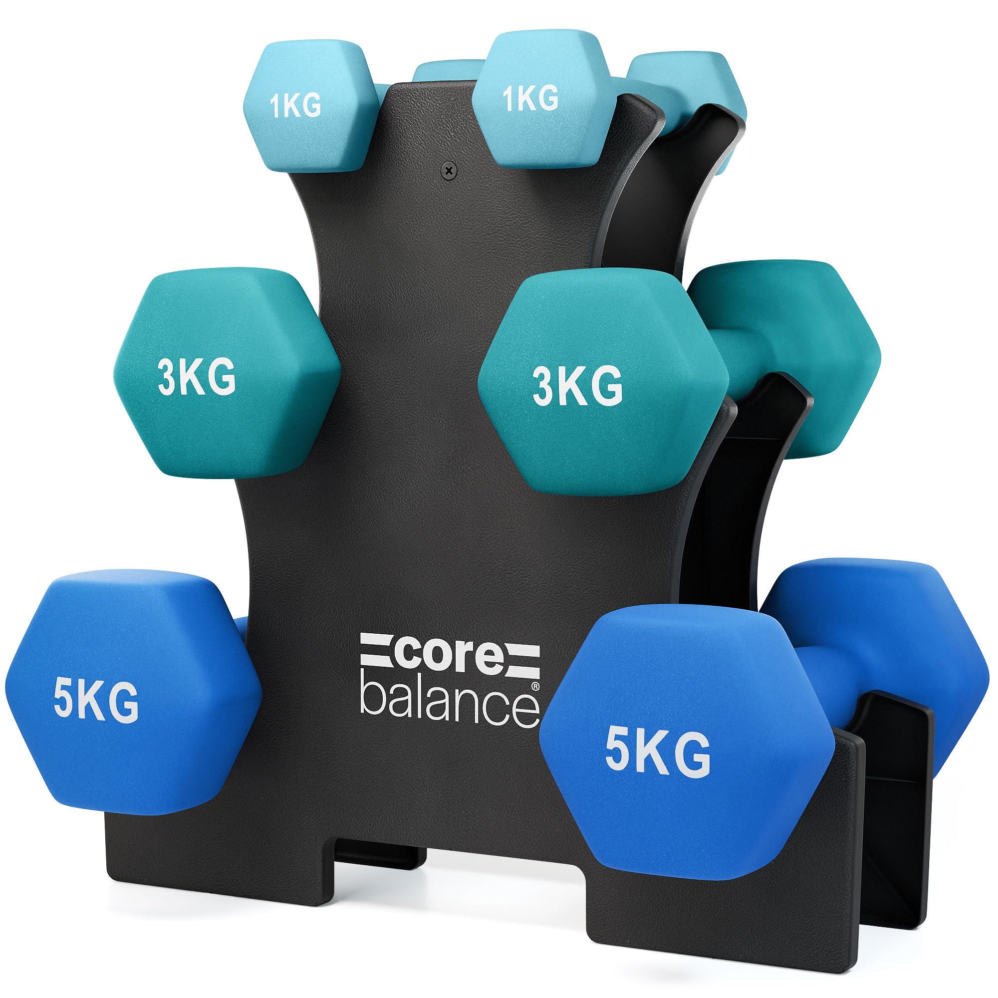 Core Balance 18kg Hex Dumbbells Set with Rack, Heavy Duty Cast Iron, Sweat Resistant Neoprene, Anti Roll Hexagonal Shaped Weights, Home Fitness & Strength Training, (2 x 2 x 1kg, 3kg 5kg)