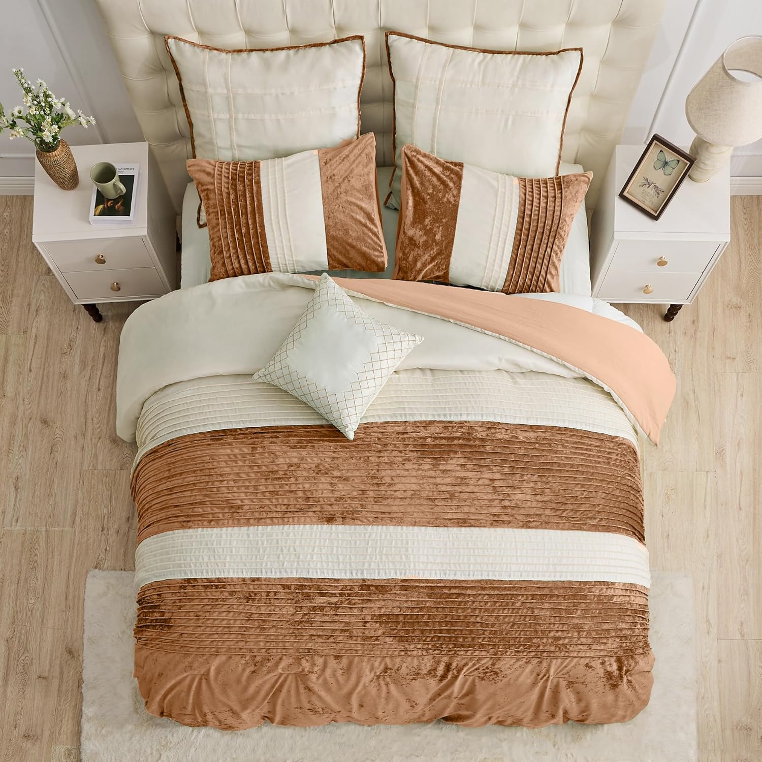 Wonderful Faux Silk King Size Terracotta Velvet Comforter 3 Piece Splicing Pleated Striped Luxurious Lightweight Soft Fluffy Comforter Set