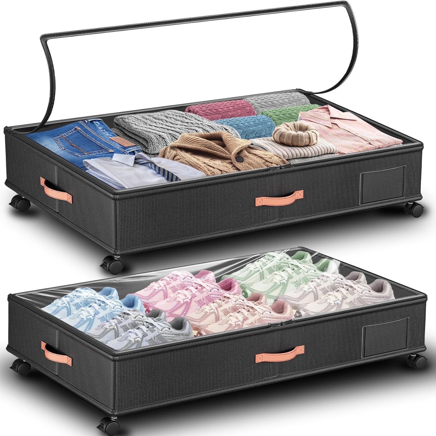 Under Bed Storage with Wheels 2-Pack – 66L XXL Larger Stackable Under Bed Storage Containers with Clear Window & Labels, Rolling Under Bed Drawers for Clothes, Shoes, Blankets (Dark Grey)