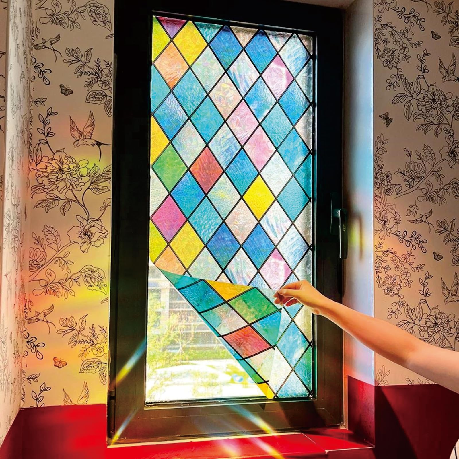 Ellicola Privacy Finestre 3D Arcobaleno 120 x 170 cm Senza Colla Static, Protezione Uv, Protezione Della Privacy, Finestre Decorativa Elettrostatica per Letto, griglia cristallo