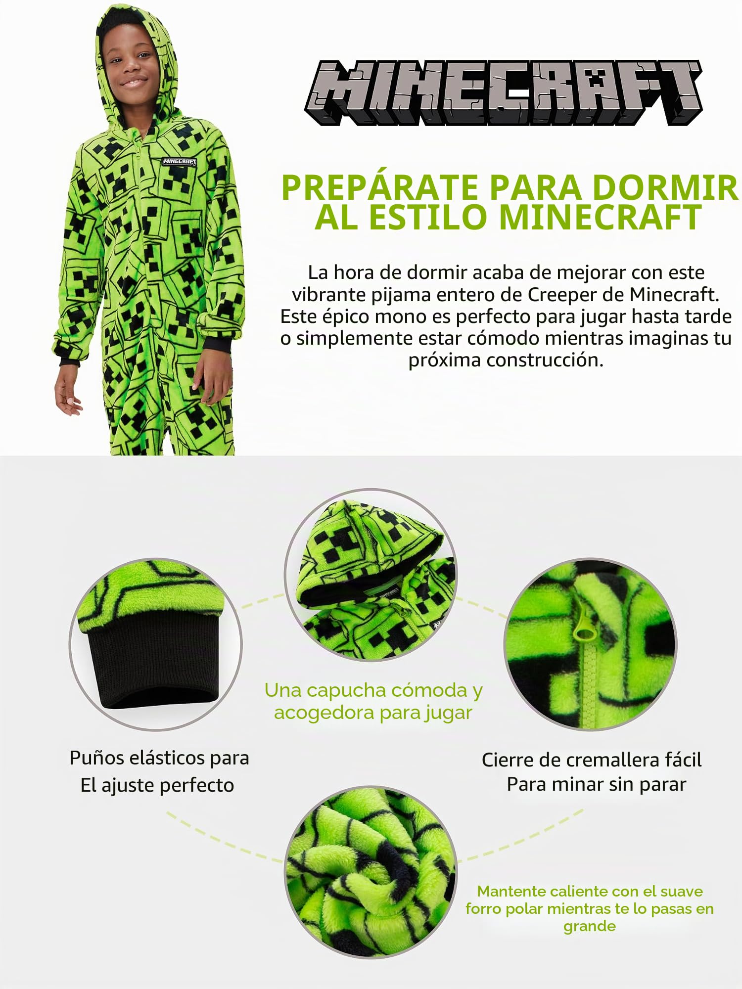 Minecraft Pijama Mono, Pijama Niño Creeper, Pijamas Invierno Niño Polar
