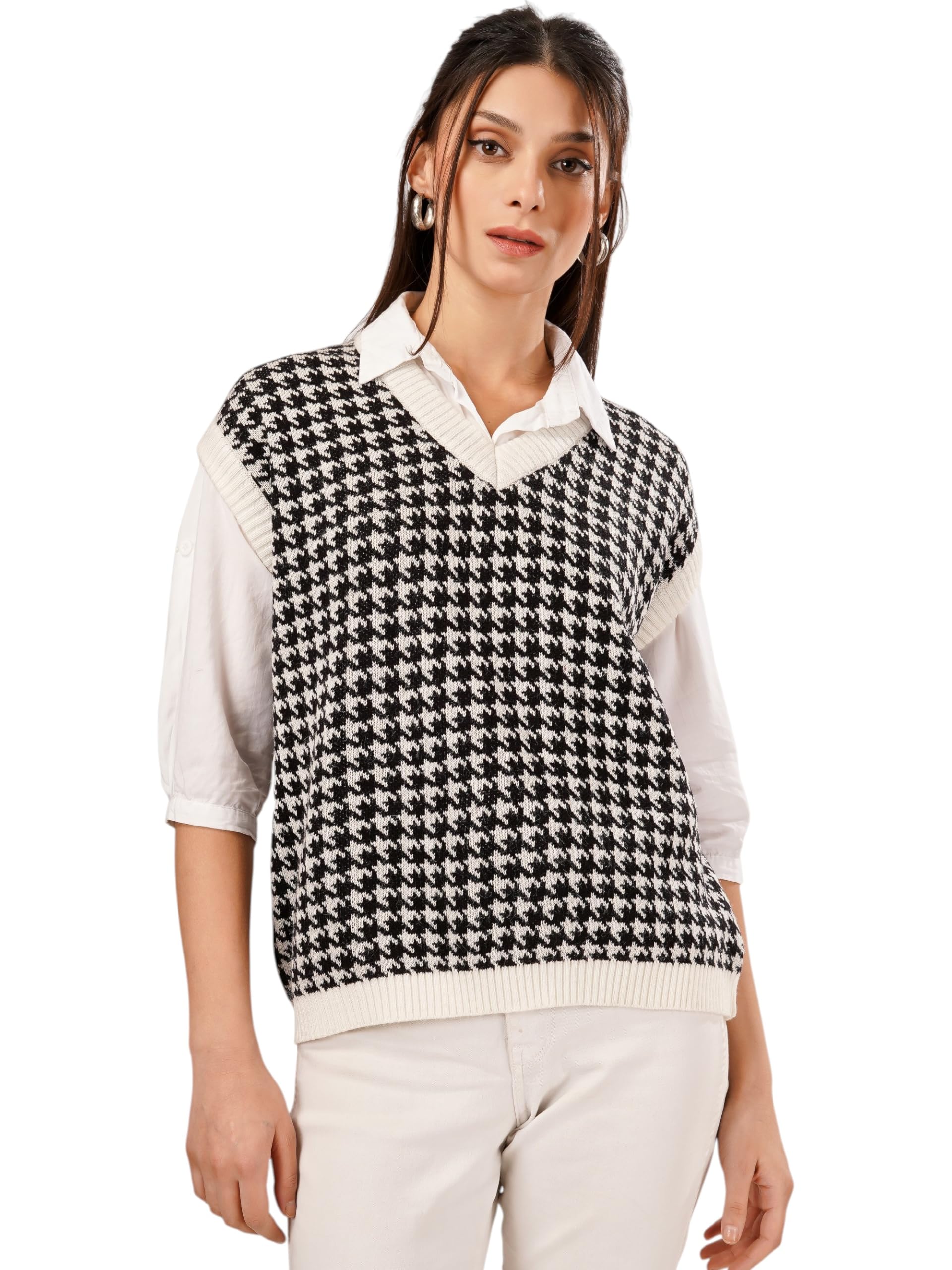 Women's Black V-Neck Sleeveless Baggy Sweater – Trendy Oversized Knit Vest for Winter & Layering