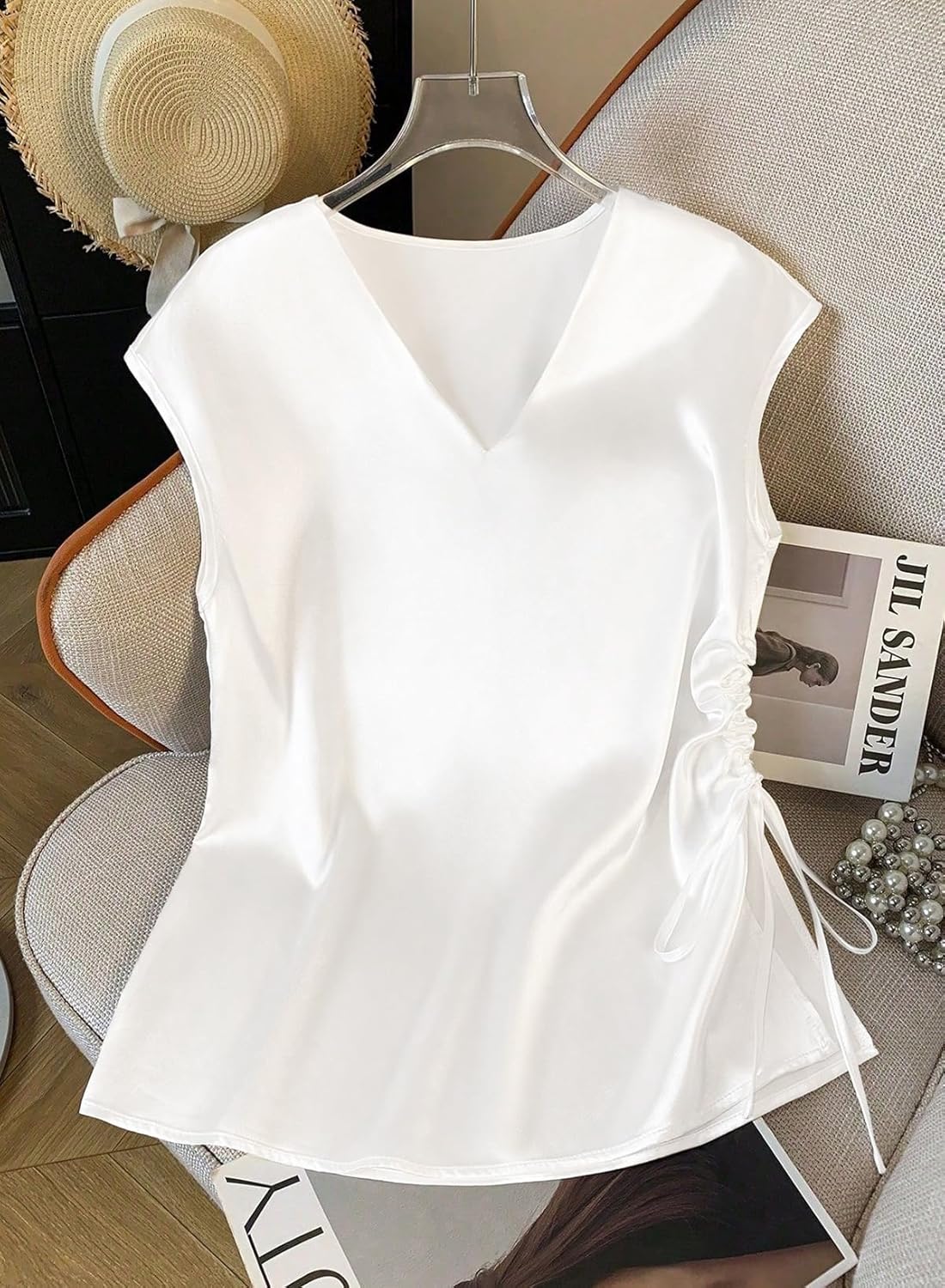 EVALESS Satin Blouses for Women Dressy Casual Silk V Neck Cap Sleeve Pleated Shirts Business Work Tops - Image 2