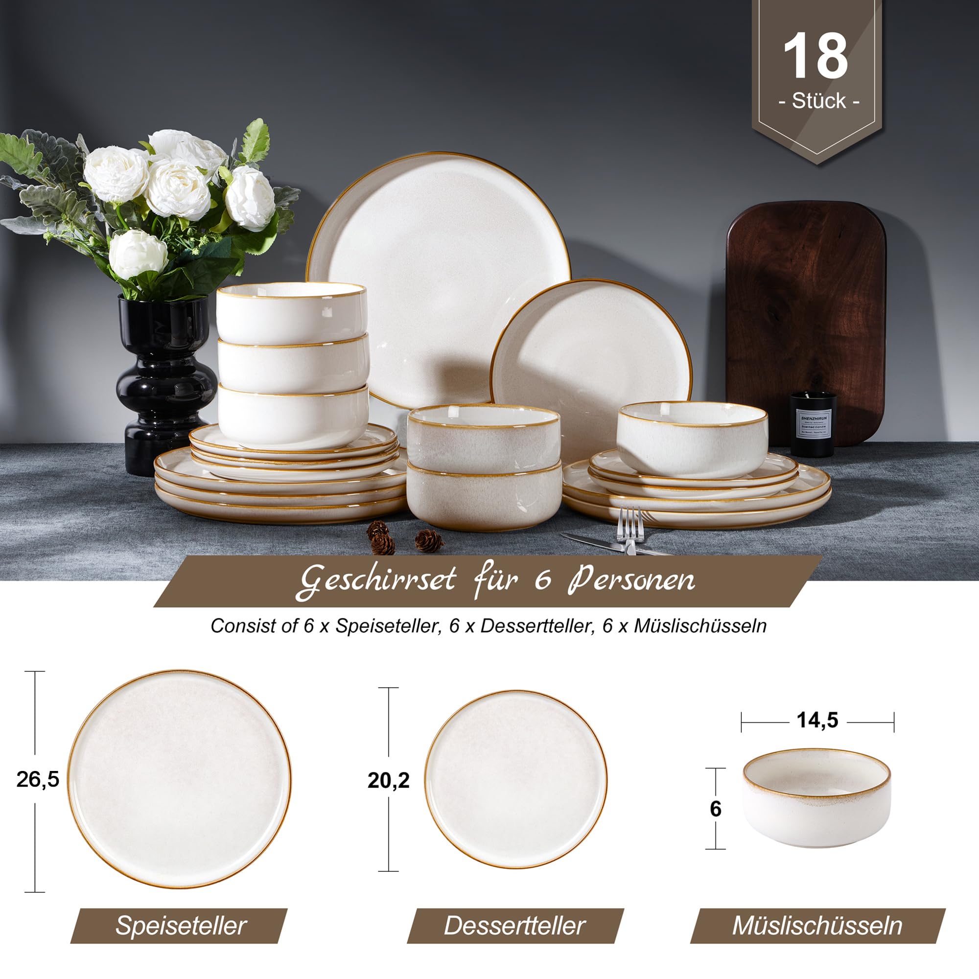Homikit vajilla para 6 personas, vajilla de gres de 18 piezas, de esmalte reactivo con cuenco y plato, resistente a los arañazos, apta para microondas y lavavajillas, Jupiter Beige