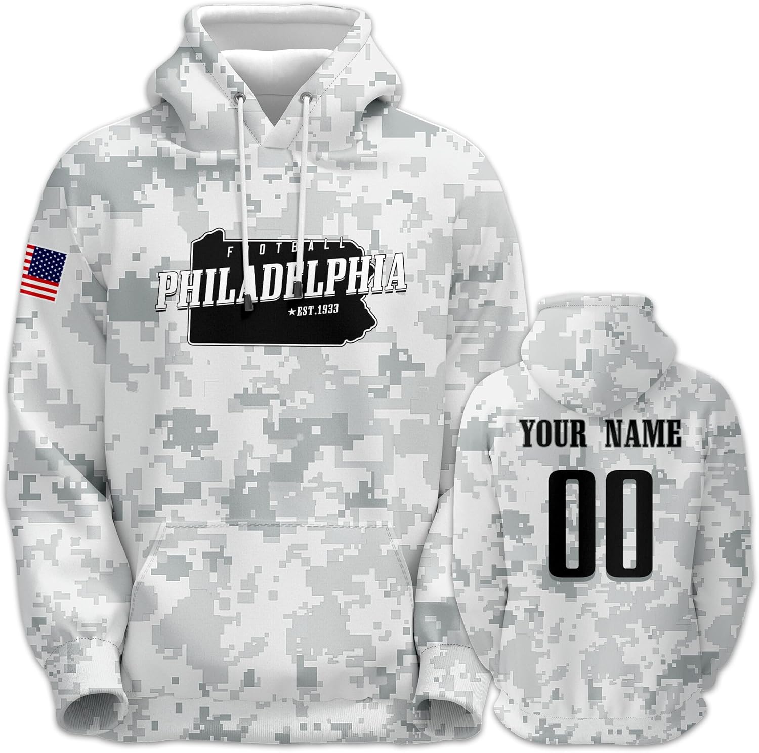DDJAM 2024 Custom Men's Hoodie White Camo Football City Fans Gifts for Men Youth Pullover Hooded Sweatshirt Name & Number