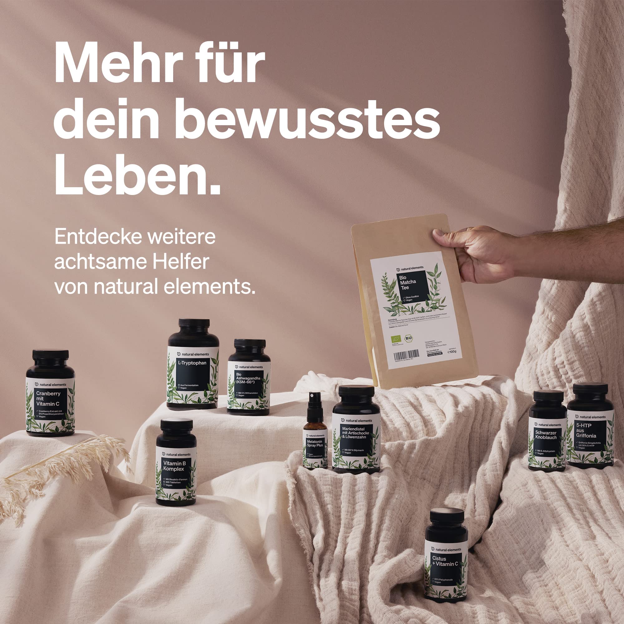 natural elements L-Tryptophan - hochdosiert mit 500mg je Kapsel - 240 vegane Kapseln - 8 Monate Reichweite - Aus pflanzlicher Fermentation - Laborgeprüft, ohne unerwünschte Zusätze, vegan