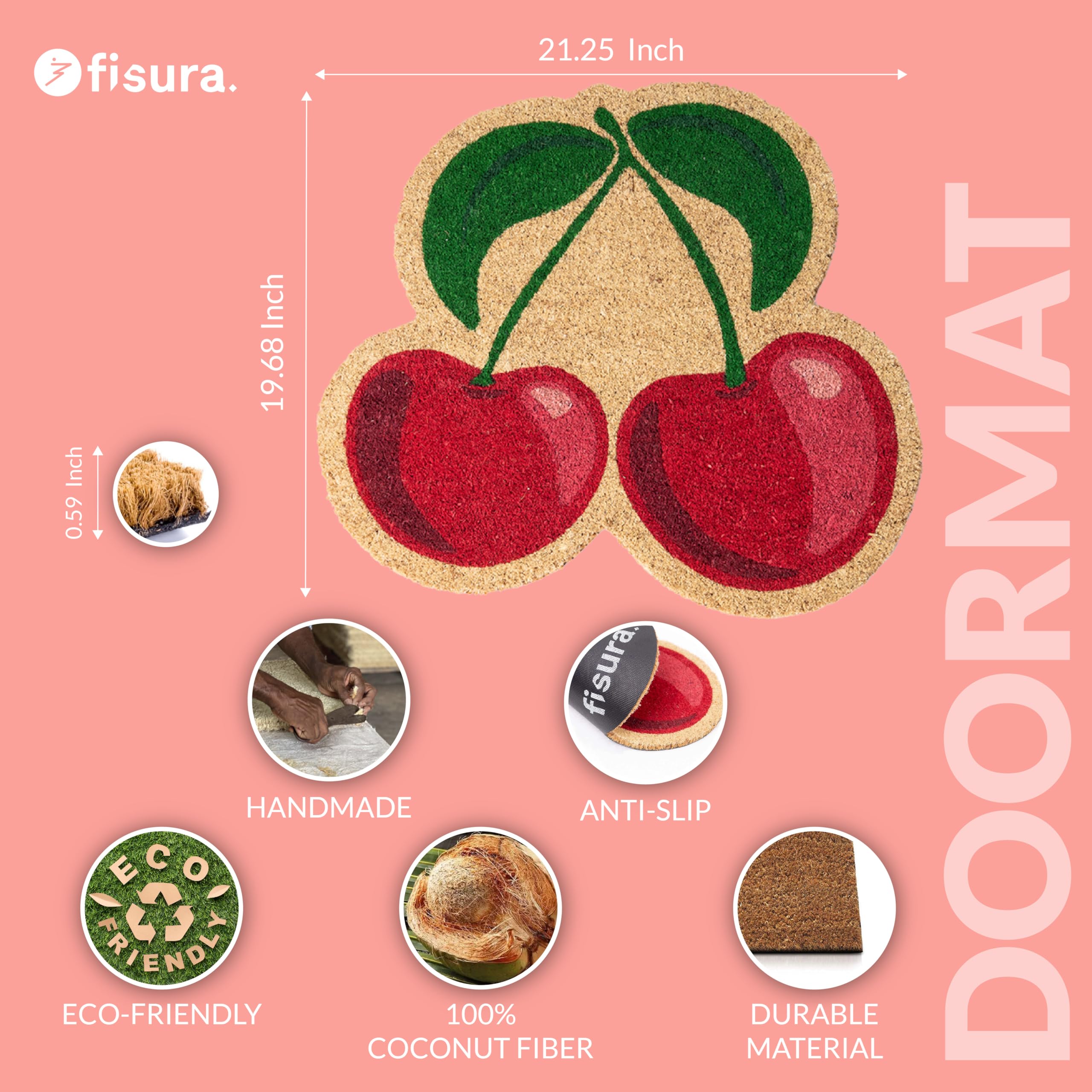 Fisura- Original dirt trapper door mats Cherries. Coconut Doormat with Non-Slip PVC Base. Red and Green entrance Door Mat. Stylish Shaped Doormat. 54 cm x 50 cm - Image 3