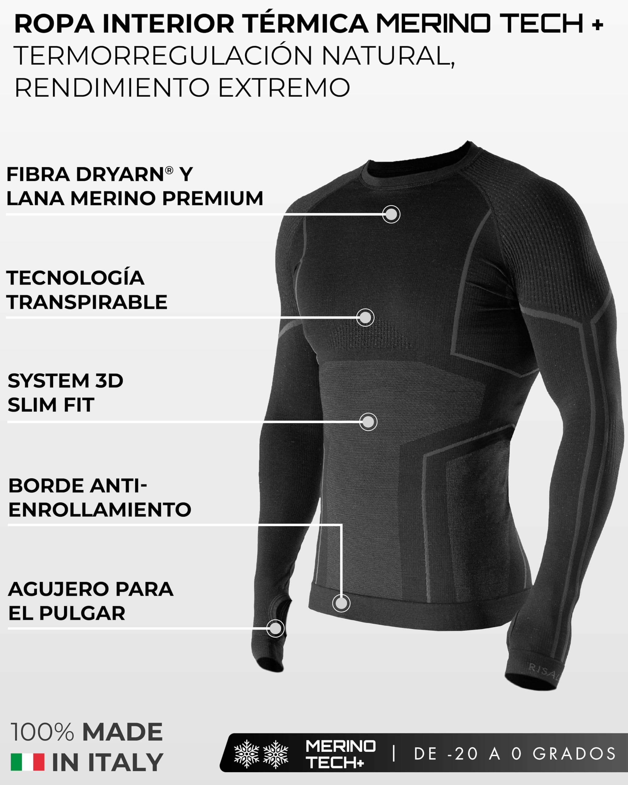 Risalti Ropa Termica Hombre Frio Lana Merino Tech – Camiseta Termica Hombre Manga Larga y Mallas Lana Merinos, Ropa Interior Invierno Transpirable y Termorreguladora, Seamless – Made in Italy