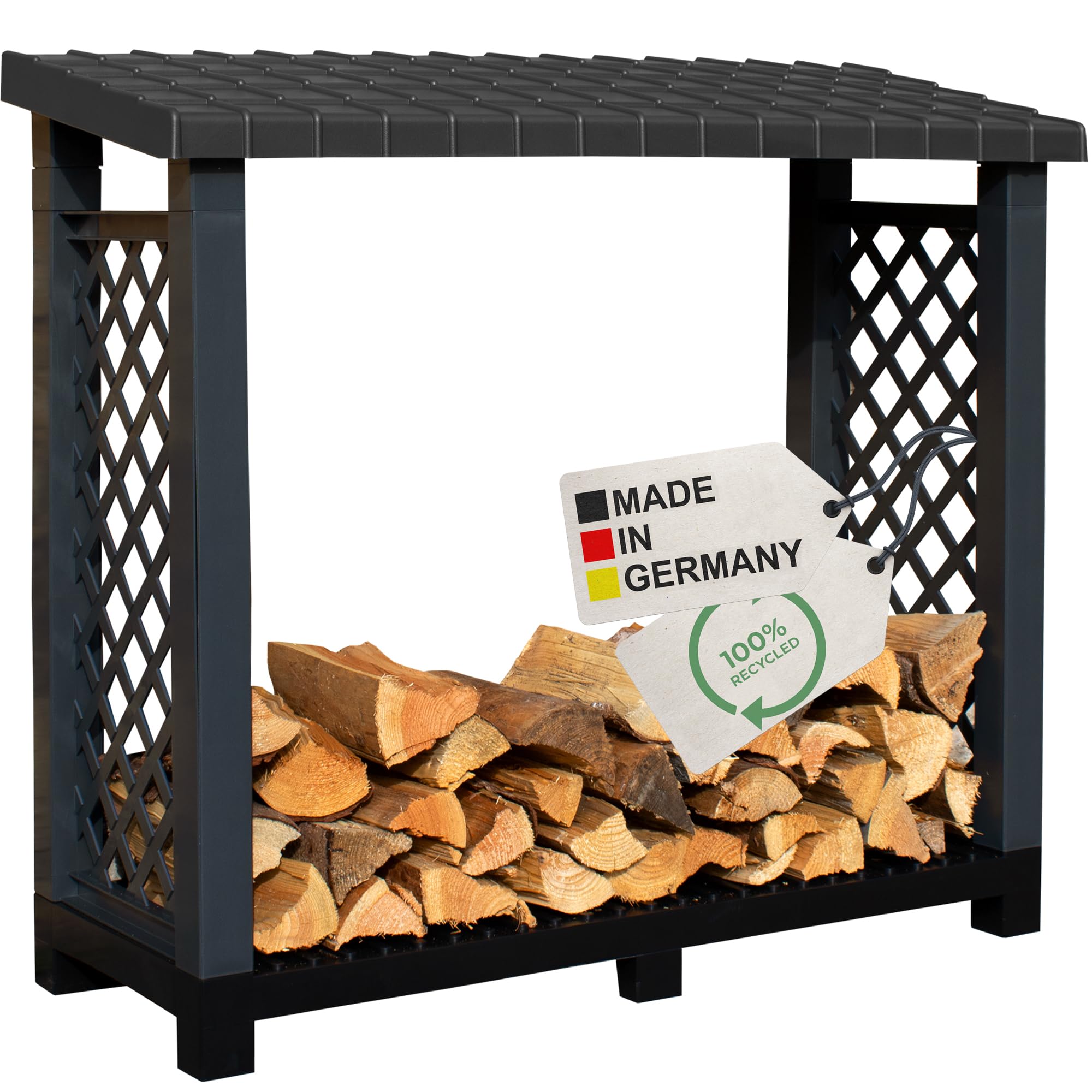 NYVI Kaminholzregal mit Dach & erhöhtem Boden für Außen - Recycelter Kunststoff - Wetterfest, Stabil, Langlebig - Kaminholzunterstand 114x102x47 cm Schwarz Outdoor - einfache Montage ohne Werkzeug