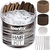 Hair Accessories Kit for Woman & Girls: 500pcs Elastic Hair Bands; 30pcs Ponytail Holders, 30pcs Seamless Thick Hair Bands; 40pcs Bobby Hair Pins (Brown)