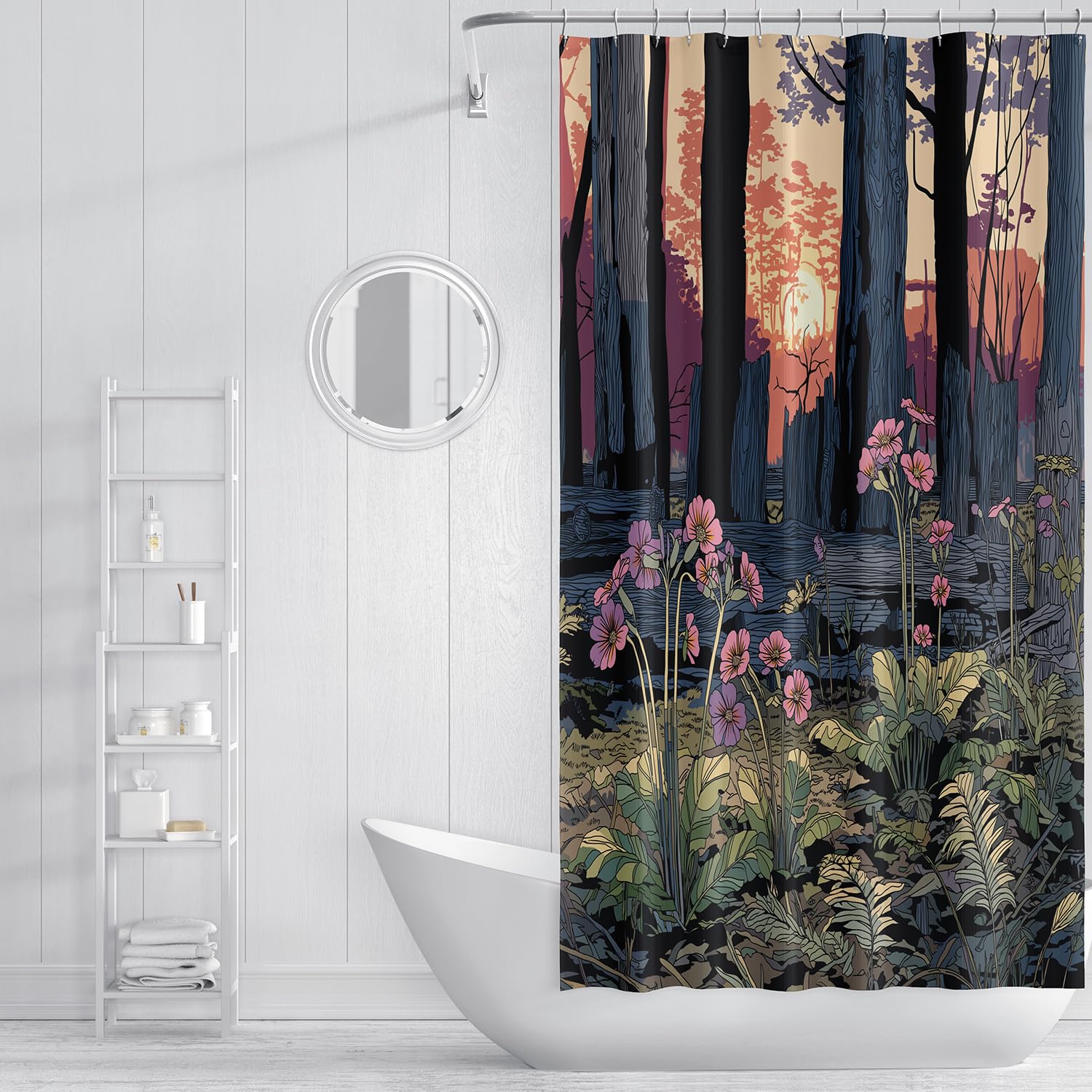 Cortina de Ducha con Diseño de Bosque y Atardecer,con Flores Rosas y Moradas Al Atardecer,para Mujer,Fácil de Instalar y Lavable a Máquina,con Ganchos de Plástico,200Anx200Alcm (1 Panel).