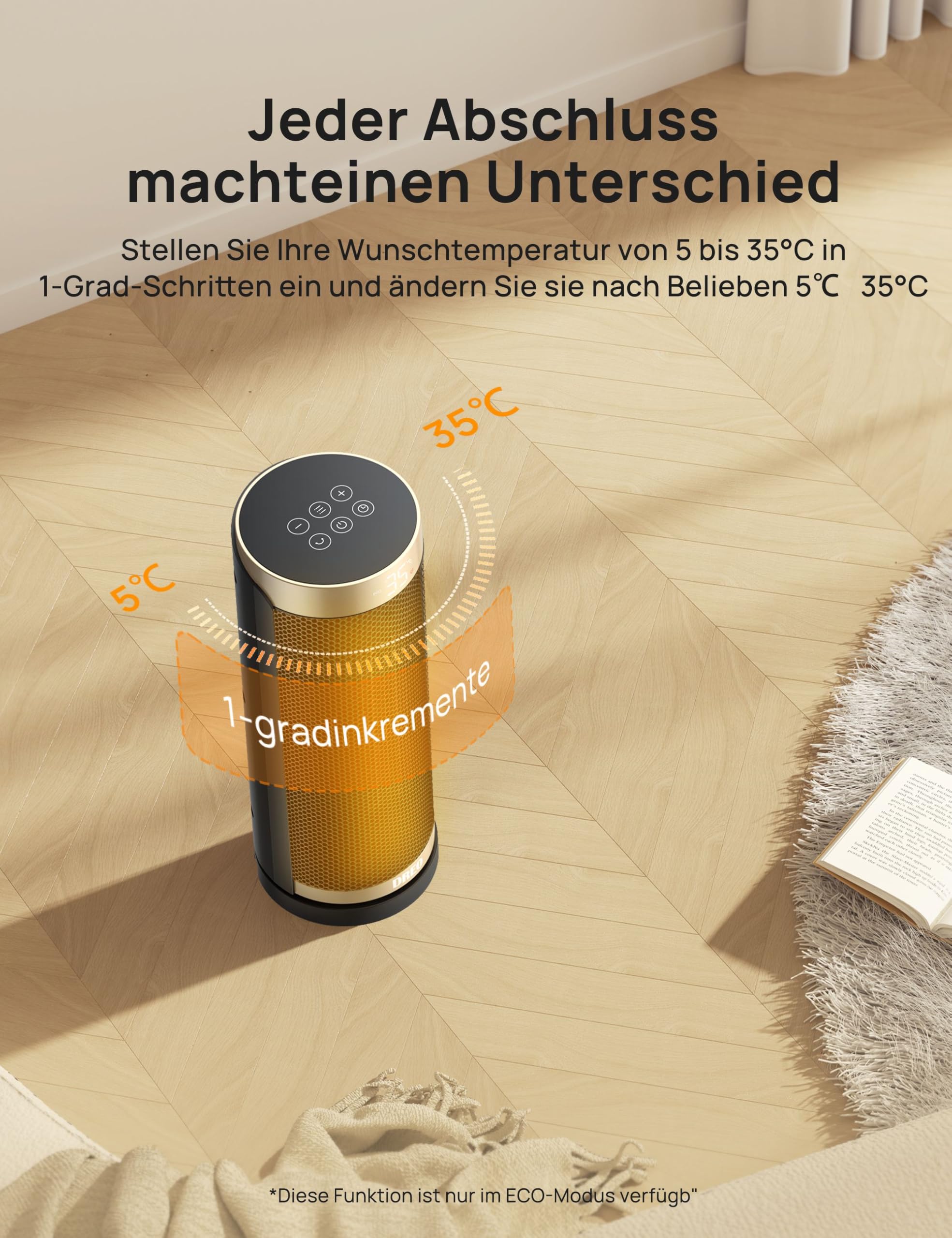 Dreo Solaris Slim H3 PTC Keramik Heizlüfter, 70° Oszillierend, 12-Std-Timer, 3 Modi, Überhitzungsschutz