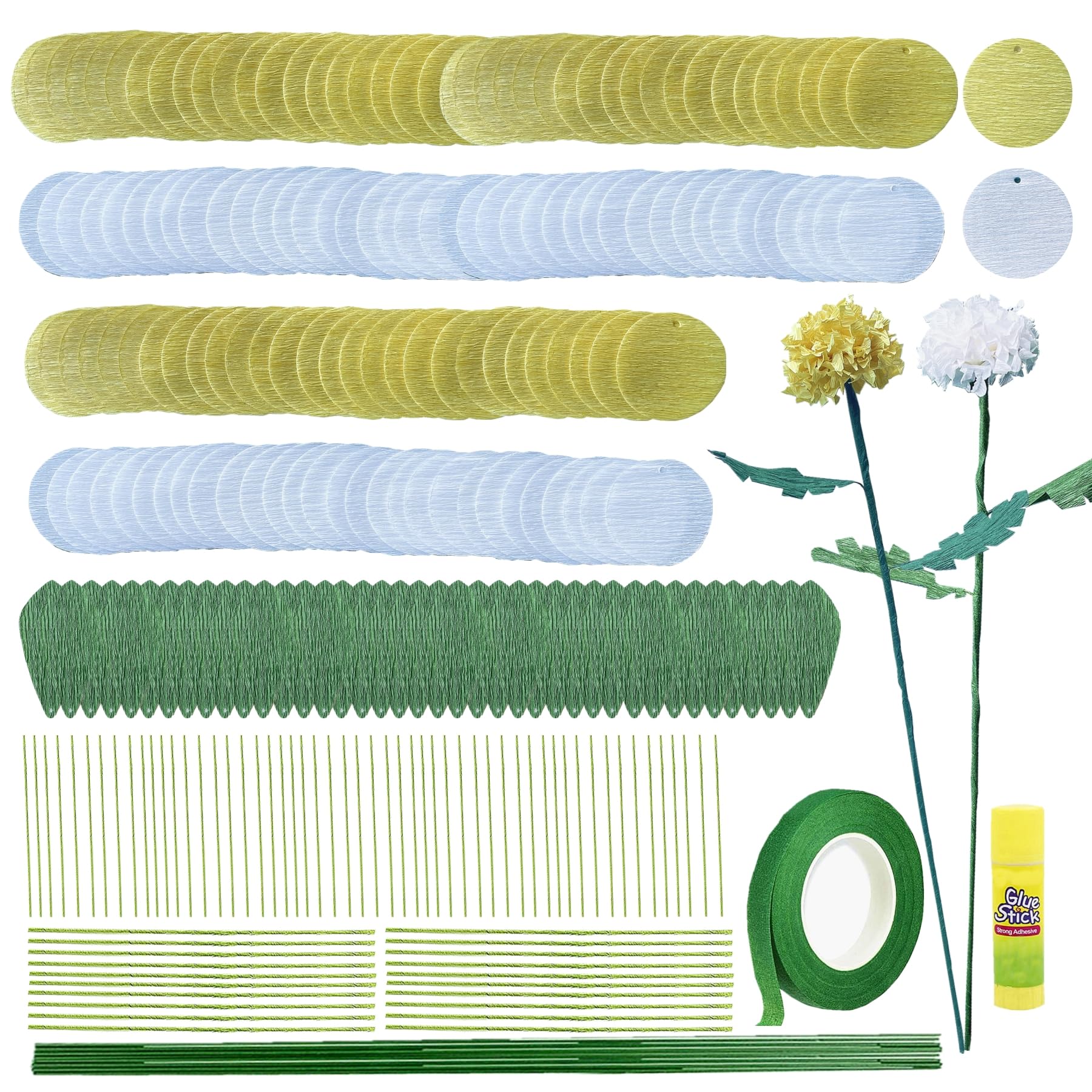 AOUXSEEM 422 Pcs Crepe Paper Chrysanthemum Ball Flower DIY Making Kit, Contain Precut Tissue Paper Sheets Floral Wire Stems Floral Tapes for Carnival Birthday Party Wedding Handcrafted Gifts Ornament